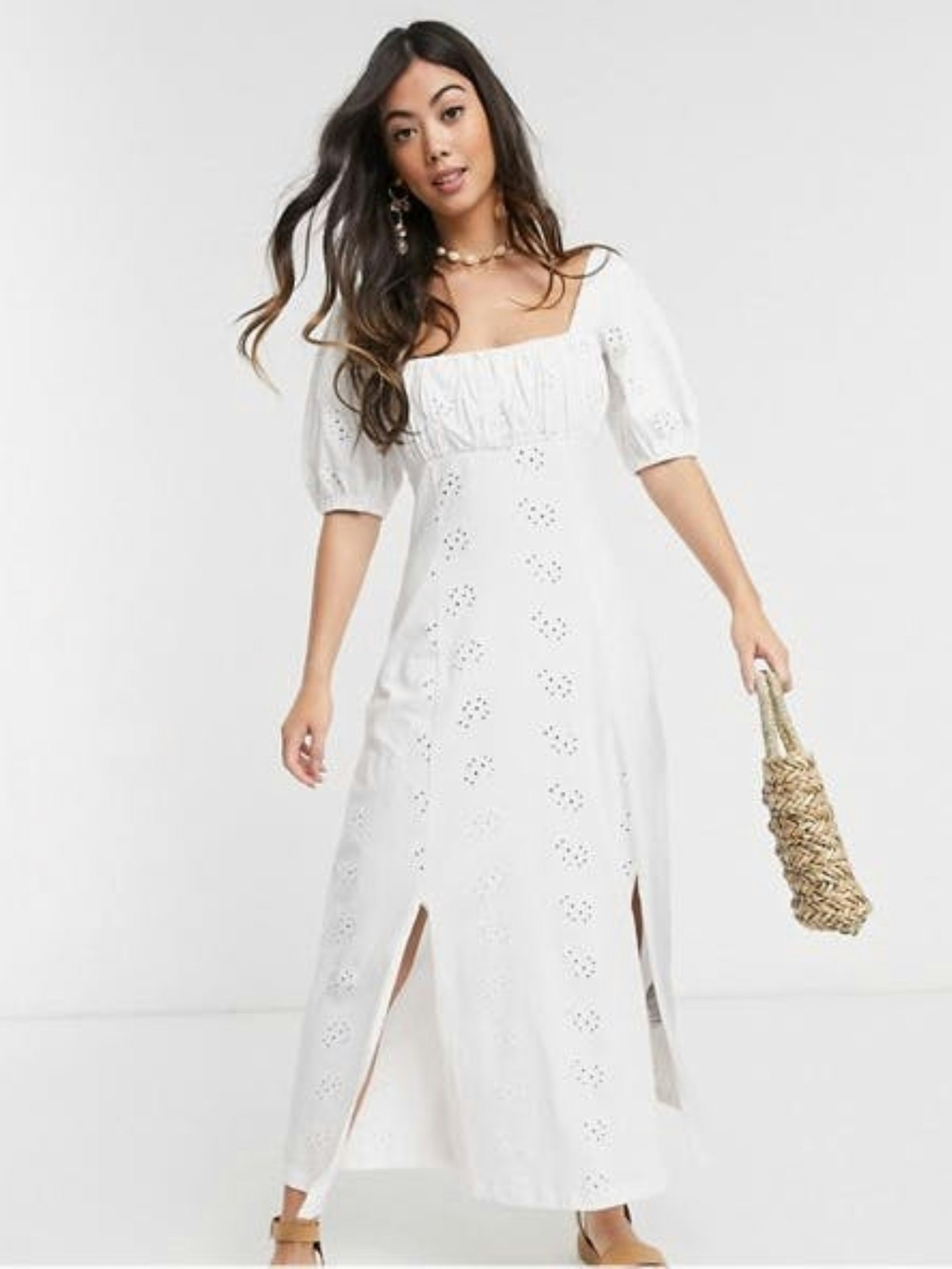 ASOS DESIGN, Petite Square Neck Broderie Prairie Maxi Dress