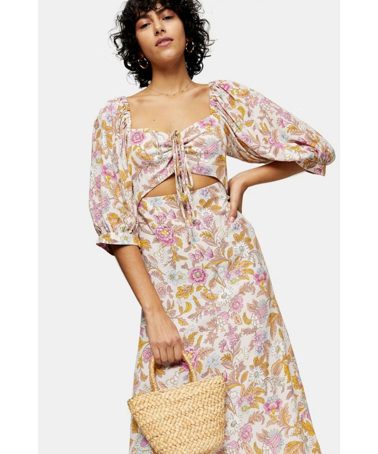Topshop, White Floral Print Cut Out Midi Dress