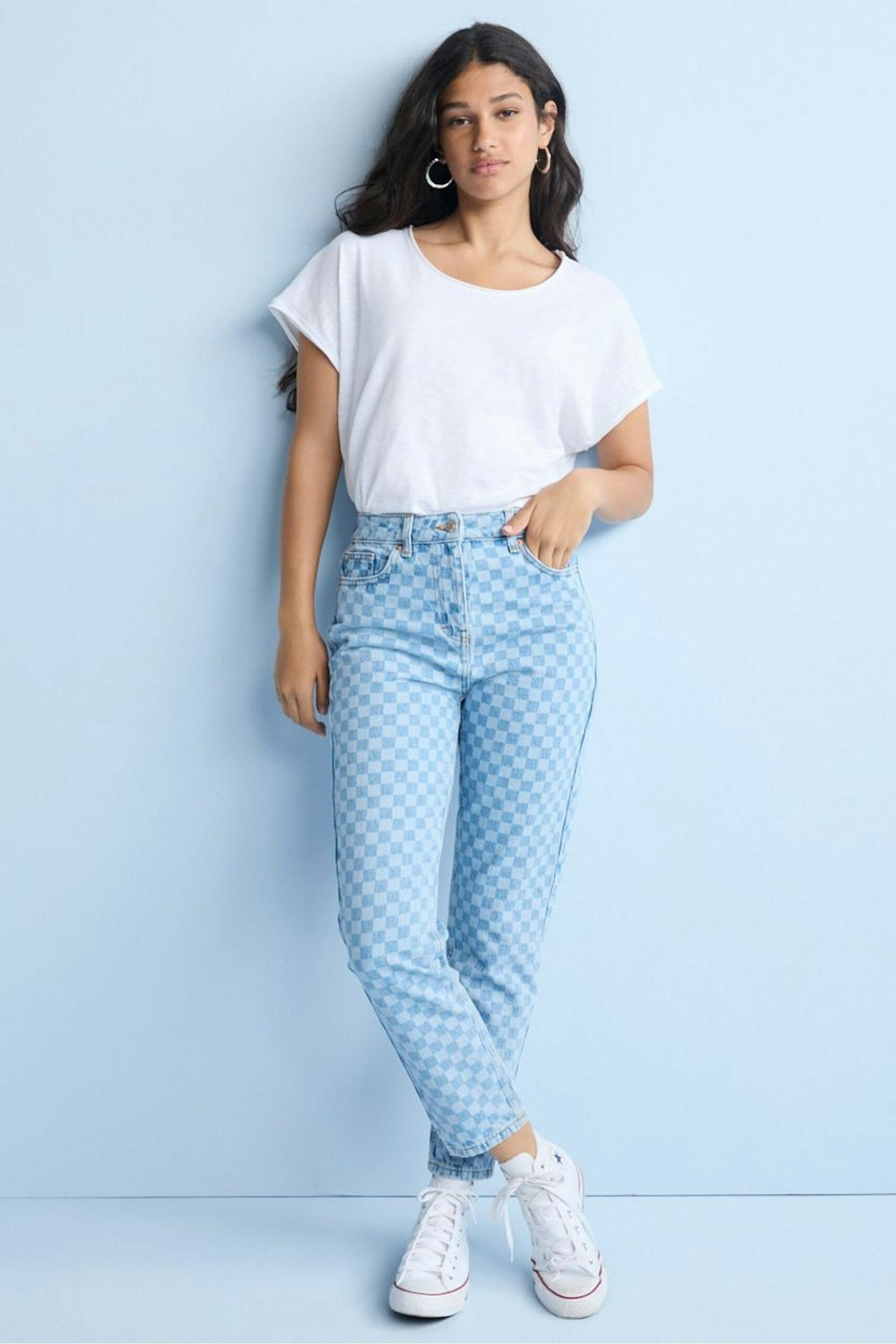 Next, Mom Blue Denim Checkerboard Print Mom Jeans