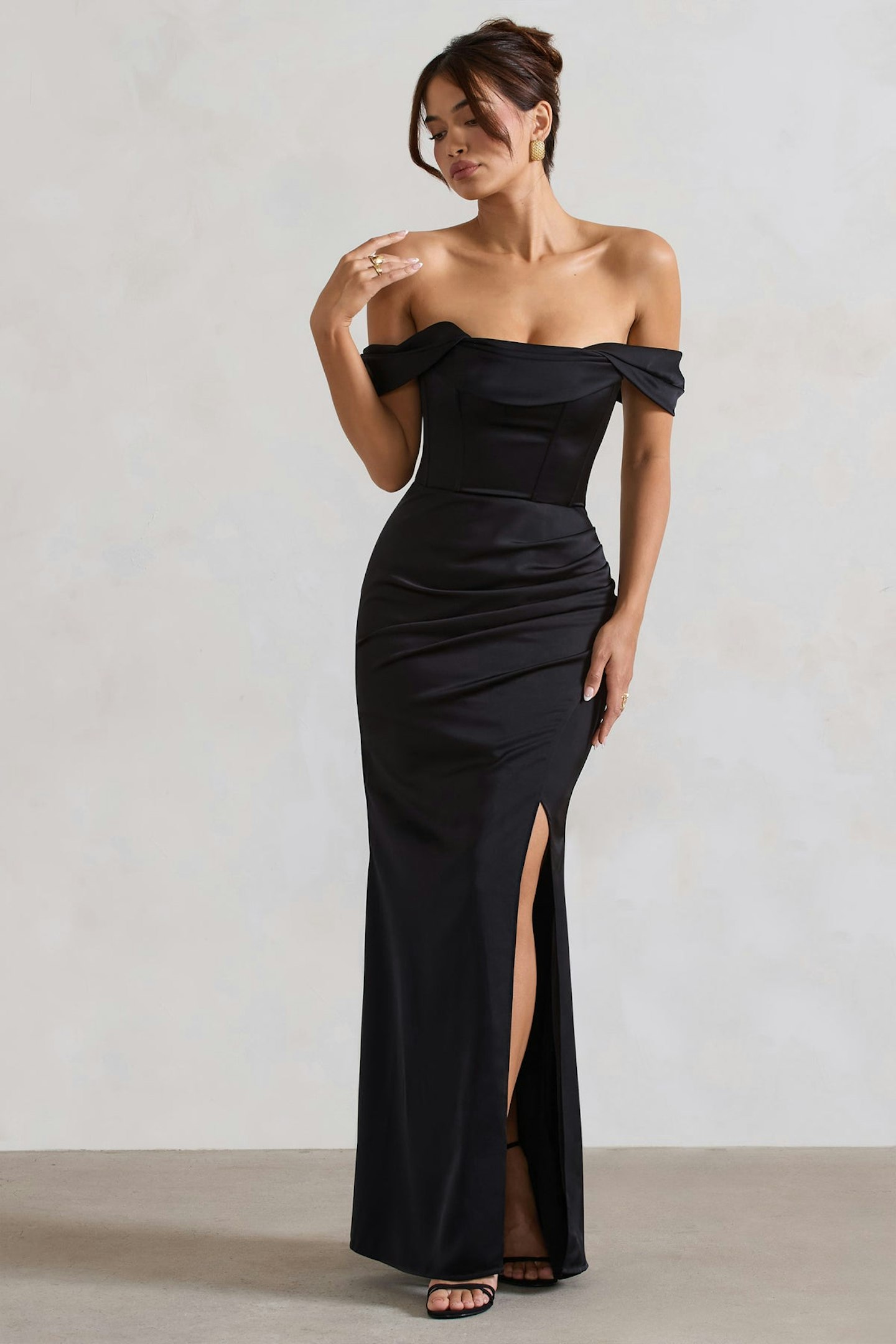 Club L, Kimberly Black Bardot Satin Maxi Dress