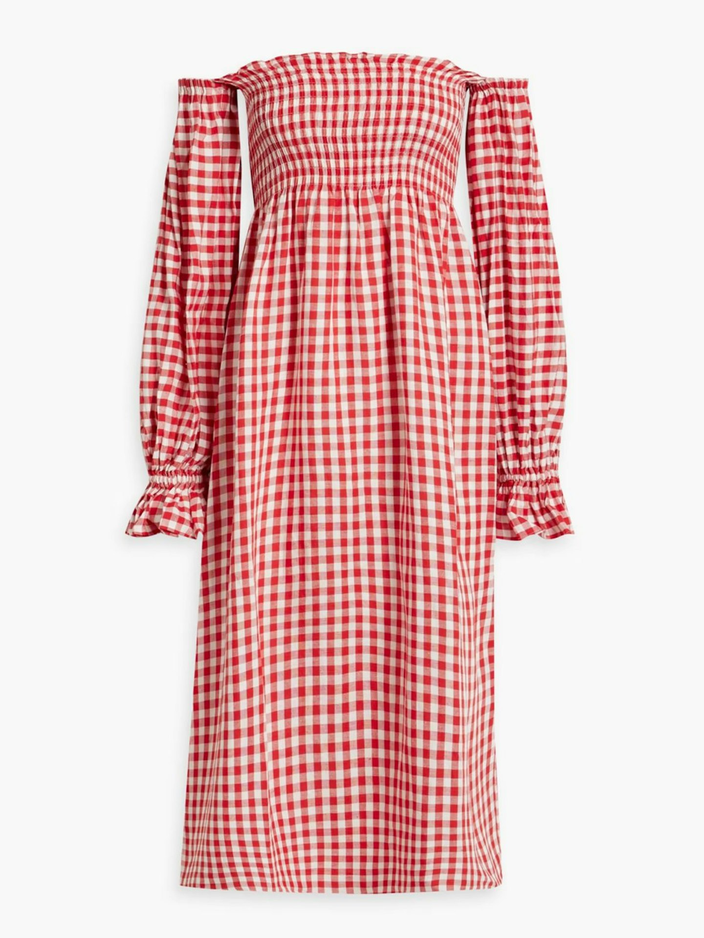 Sleeper, Atlanta Off-The-Shoulder Shirred Gingham Linen-Blend Midi Dress