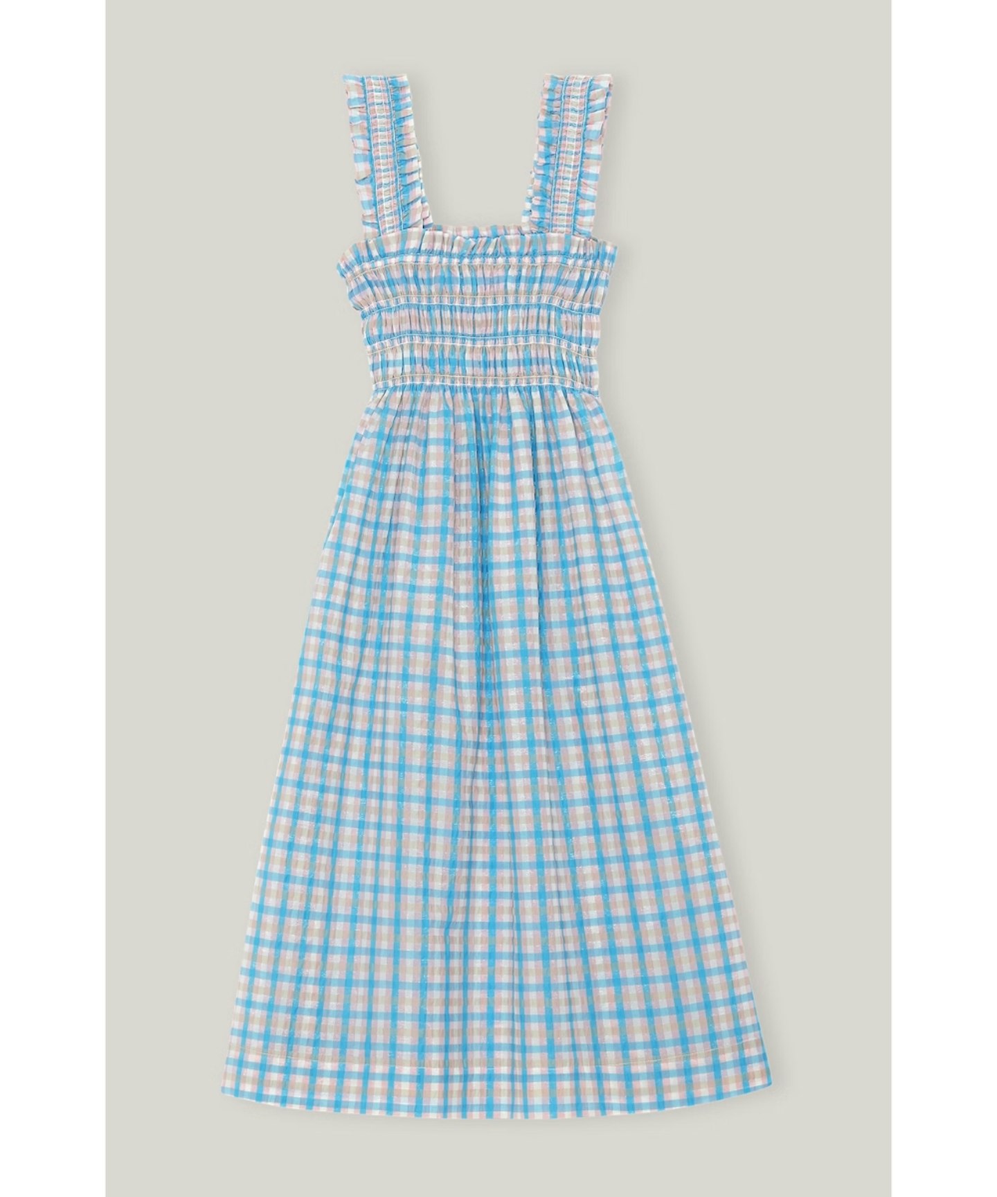 Ganni, Seersucker Check Strap Midi Dress