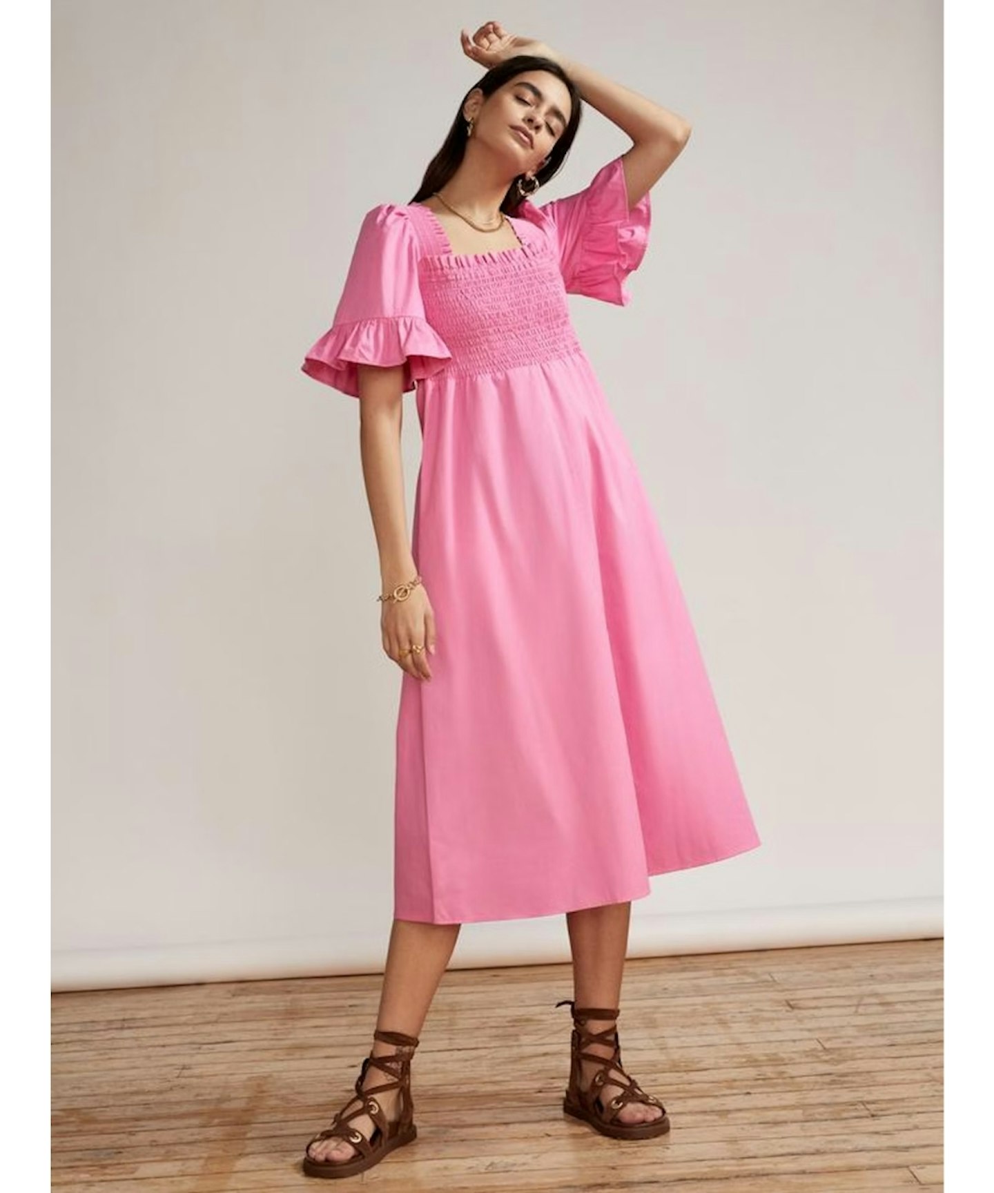 Kitri, Arabella Pink Cotton Shirred Dress