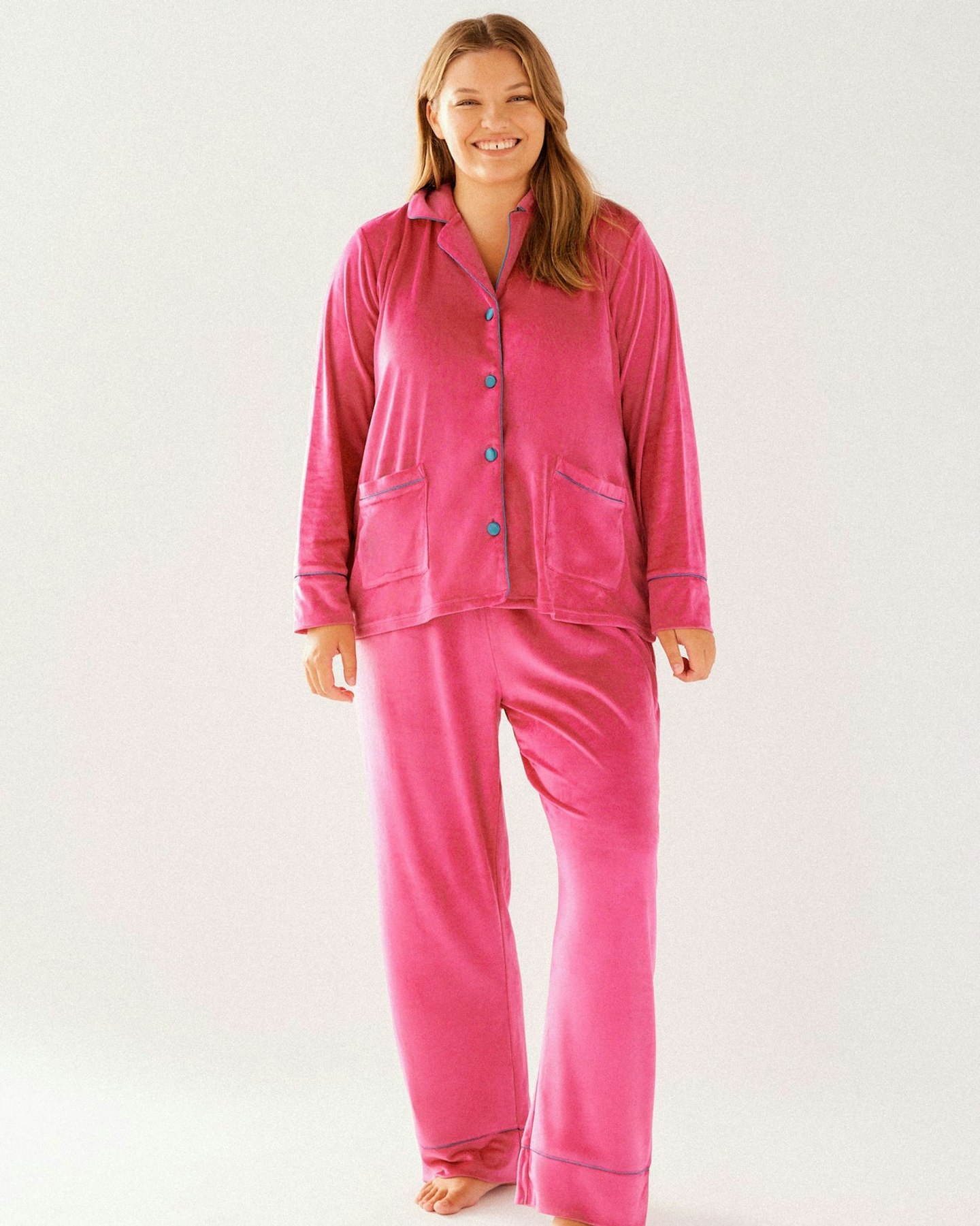 Chelsea Peers, Curve Hot Pink Velour Button Up Long Pyjama Set