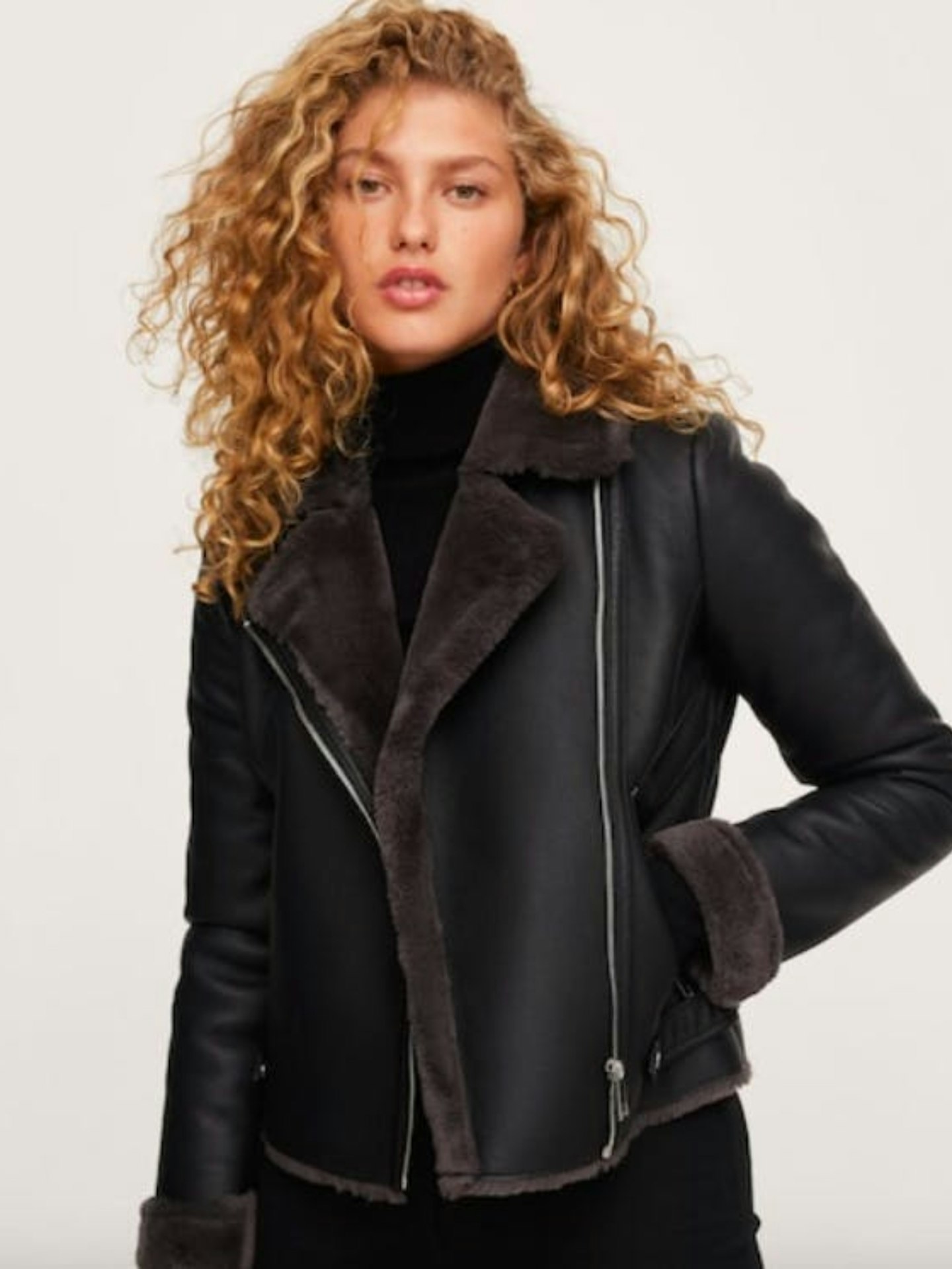 Mango, Faux Shearling-Lined Biker Jacket
