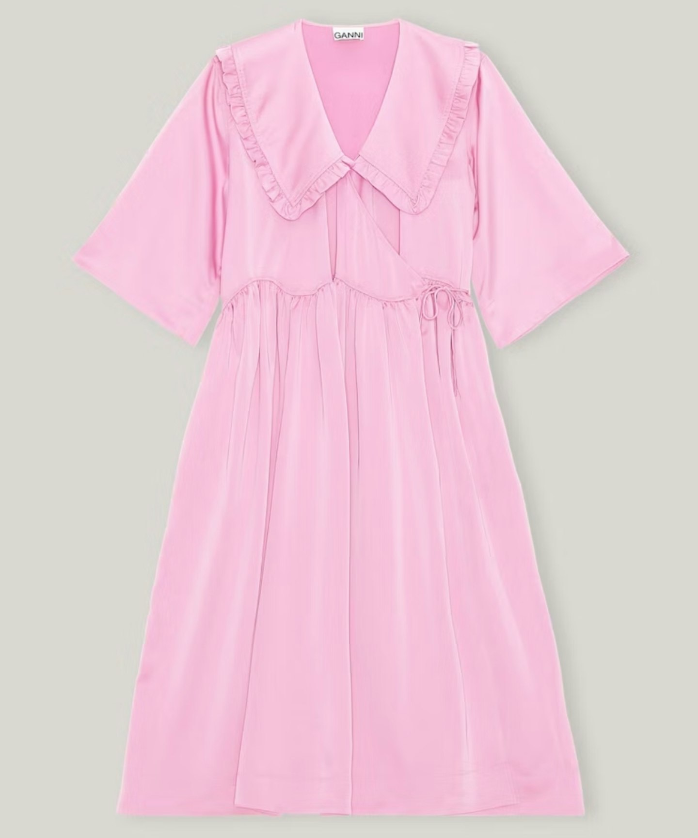 Smocked Satin Ruffle Collar Wavy Waist Oversize Wrap Dress