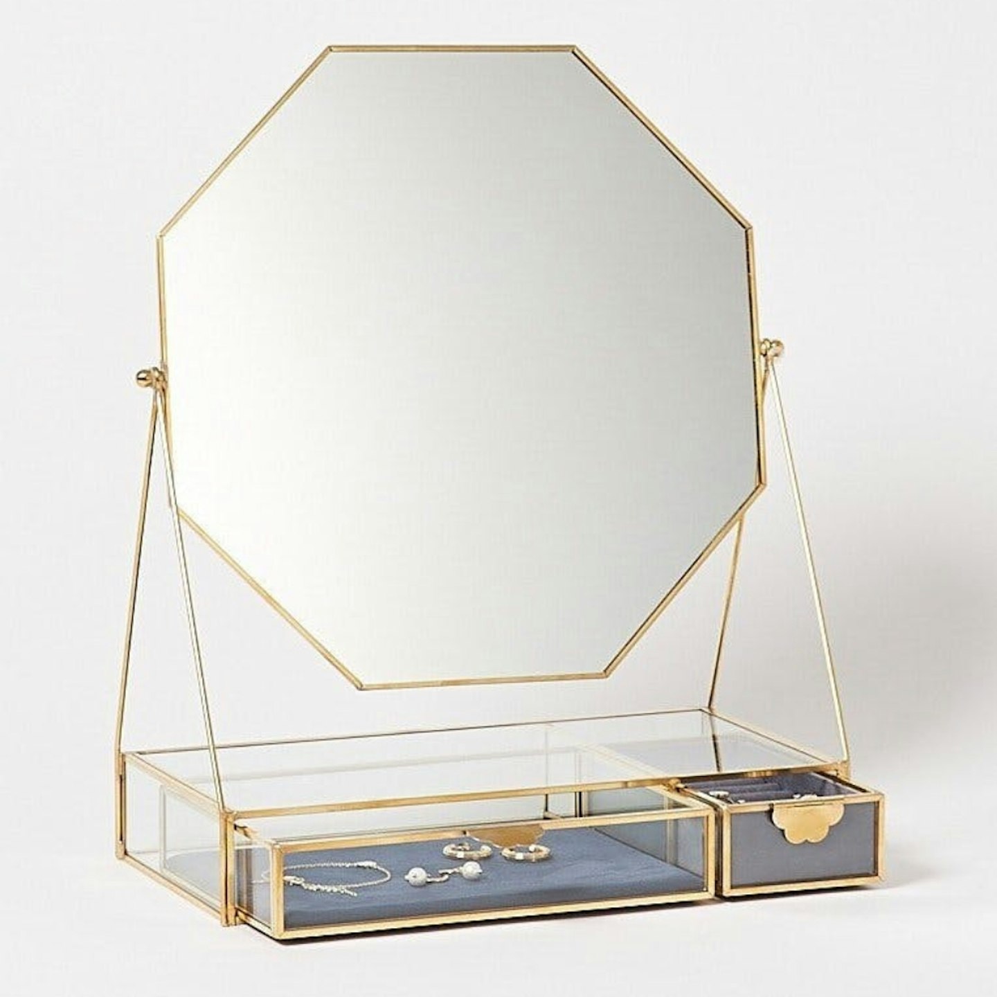Oliver Bonas, Gold & Glass Scallop Pull Blue Velvet Octagonal Dressing Table Mirror