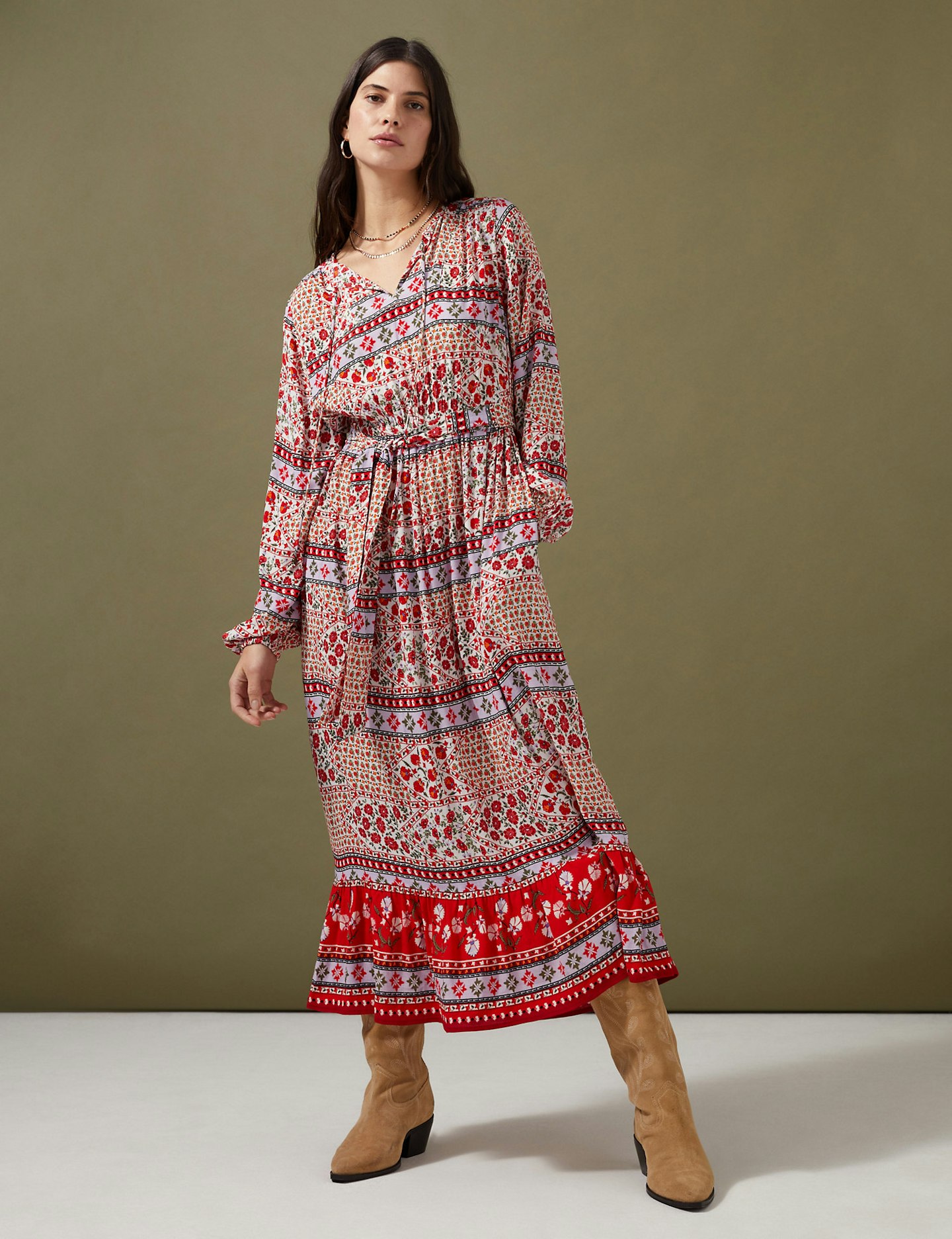 Marks And Spencer, Floral Tie Neck Belted Midaxi Waisted Dress