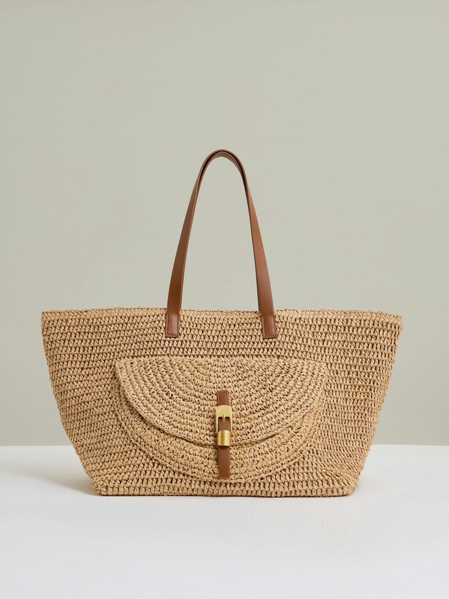 Aurora Flap-Pocket Raffia Tote Bag in Natural