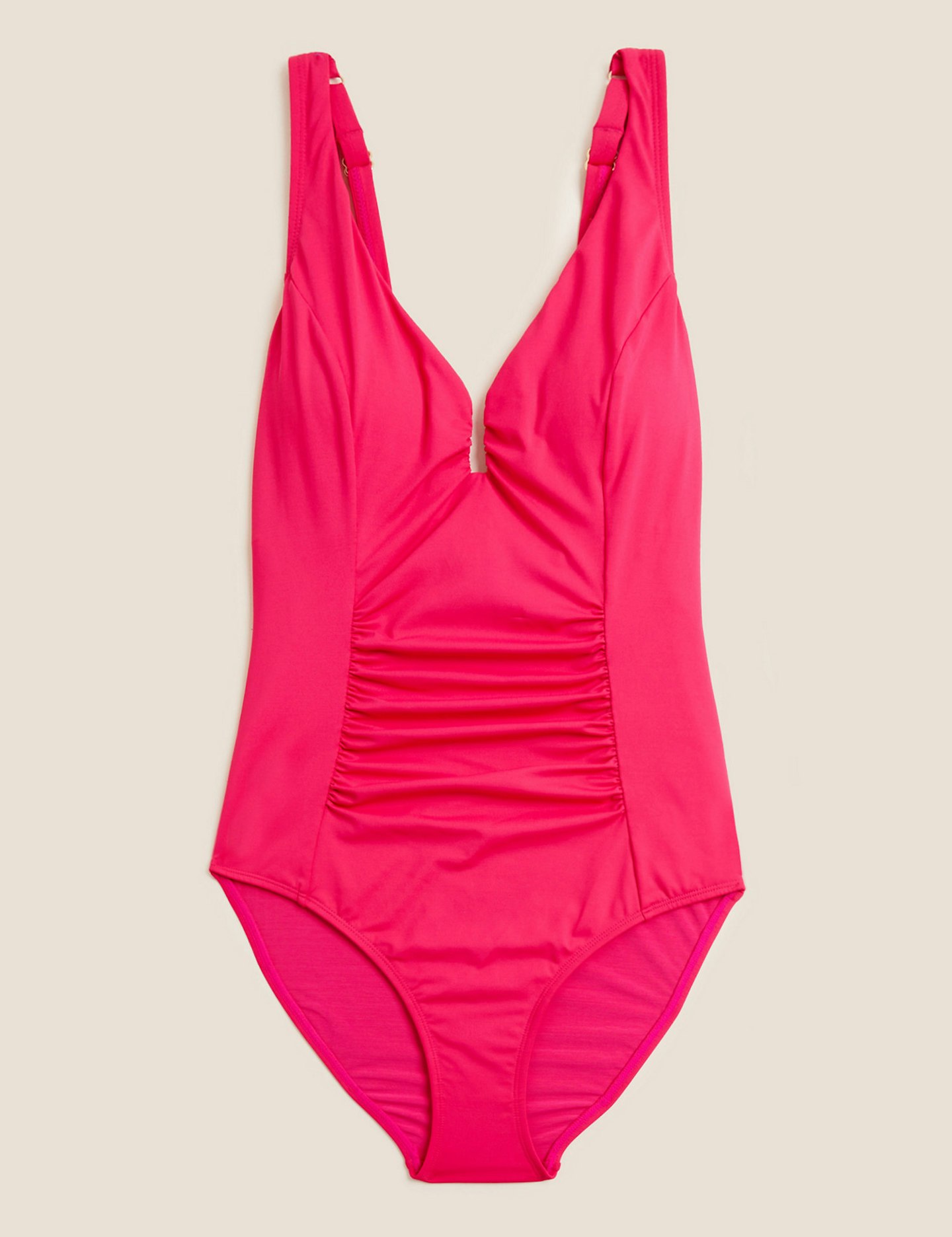 Holly Willoughby marks and Spencer summer edit Tummy Control Padded Ruched Plunge Swimsuit, £29.50