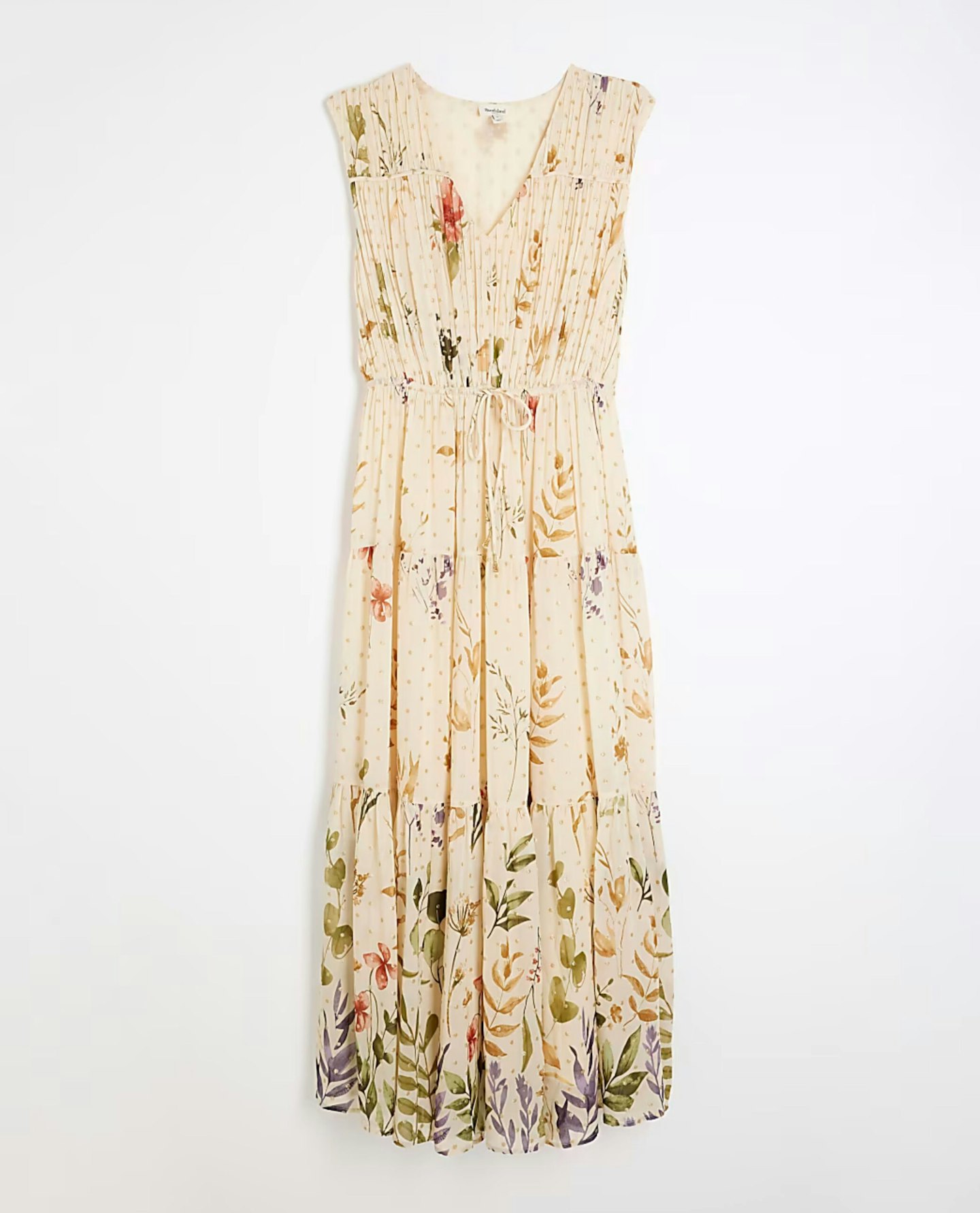 River Island, Cream Floral Shirred Midi Dress