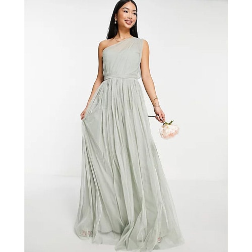 ASOS Anaya With Love Bridesmaid tulle one shoulder maxi dress in sage green