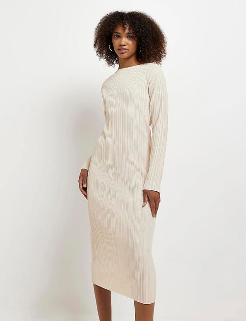 Cream Pleated Bodycon Midi Dress