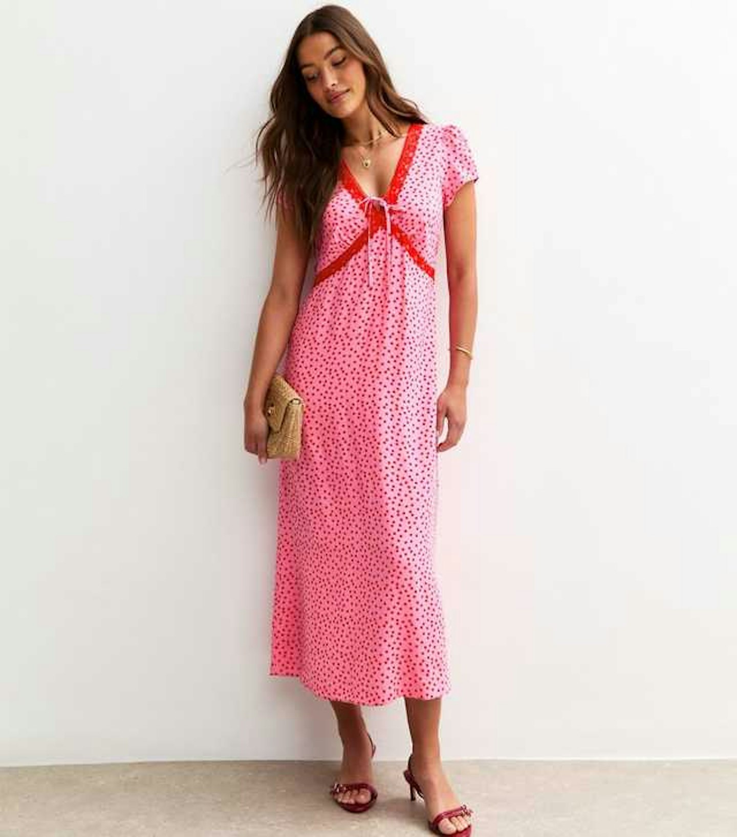New Look, Pink Polka Dot Lace Trim Midi Dress