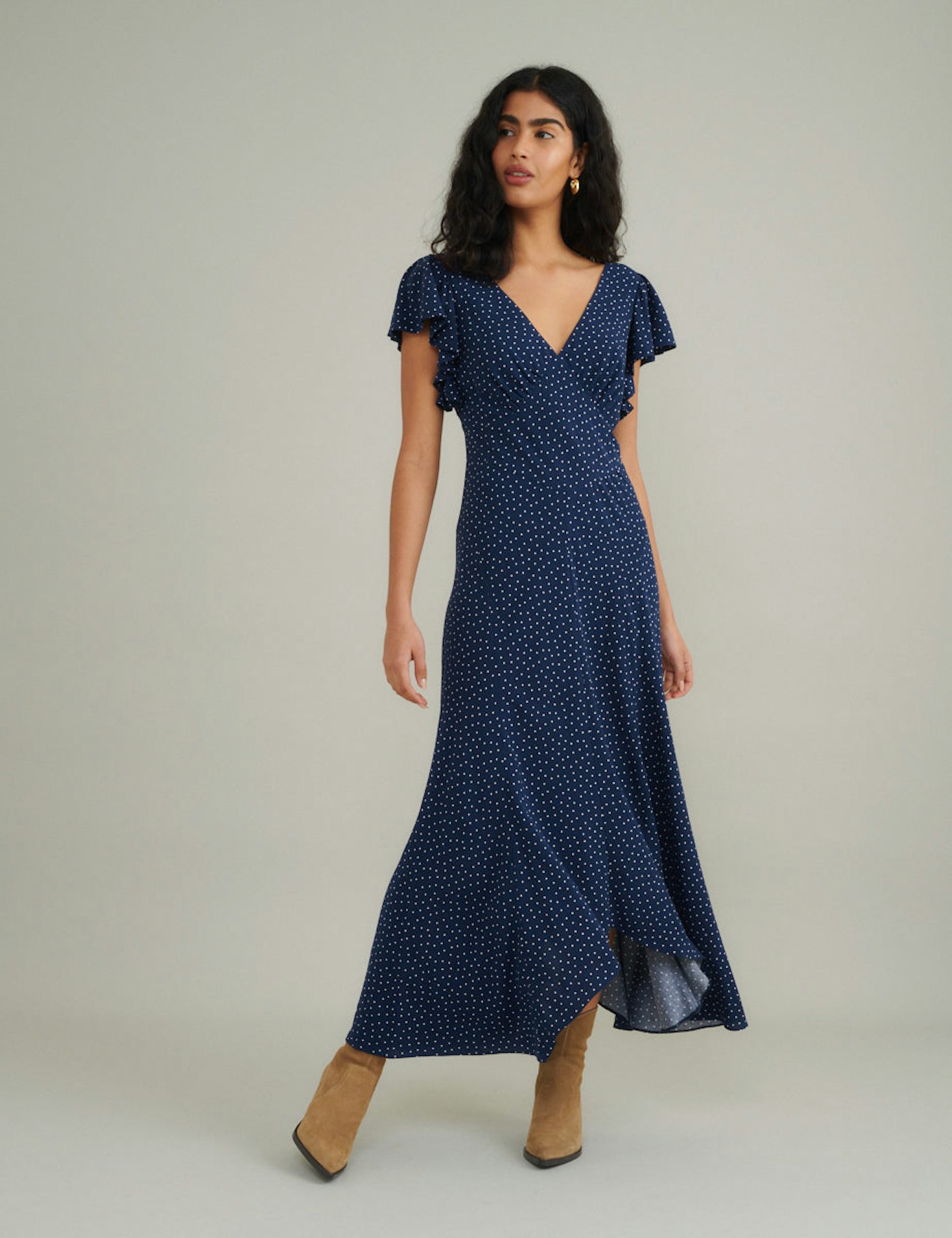 Nobody's Child, Navy Spot Print Flutter Sleeve Dress