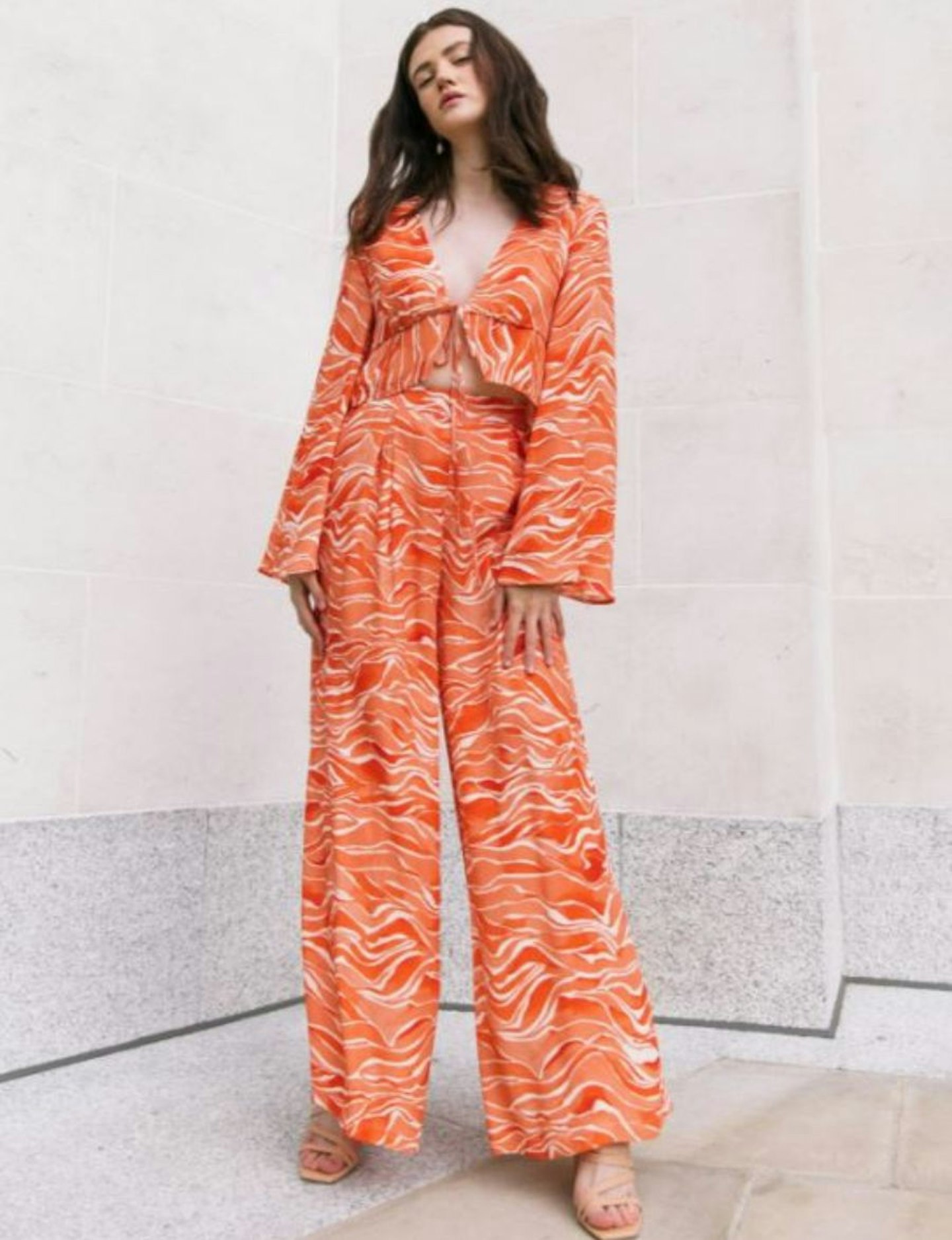 The Alba Wide Leg Trousers In Orange Waves Satin