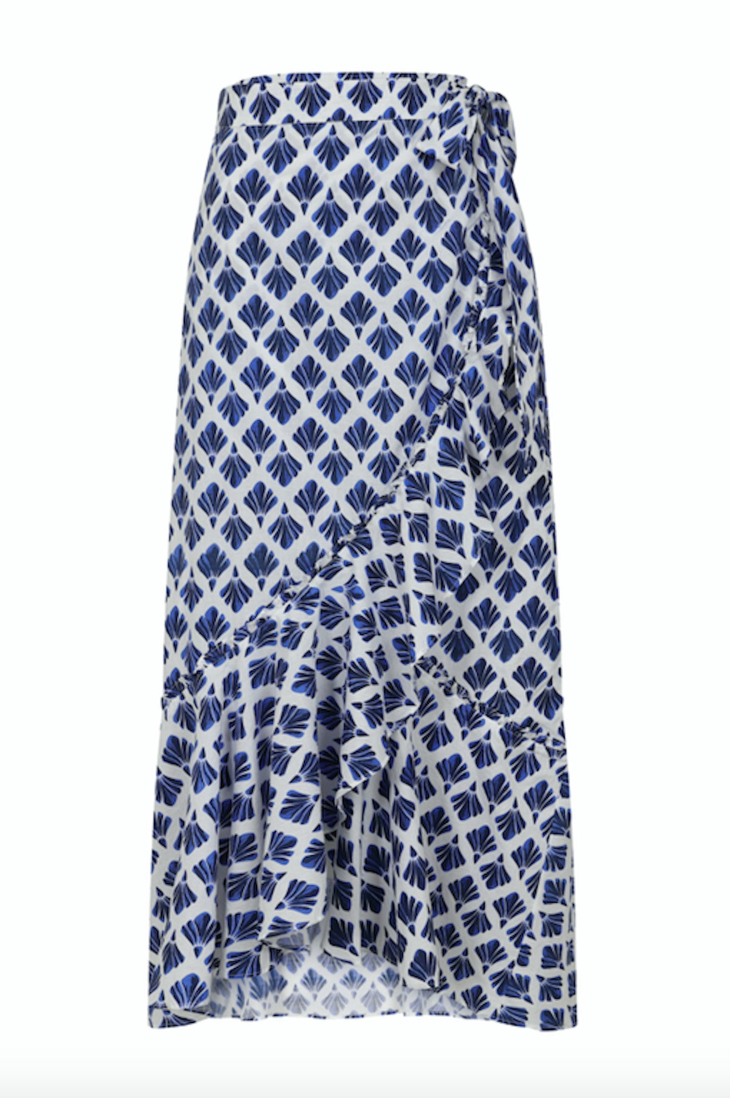 Blue Tile Print Frill Hem Midi Wrap Skirt, £55