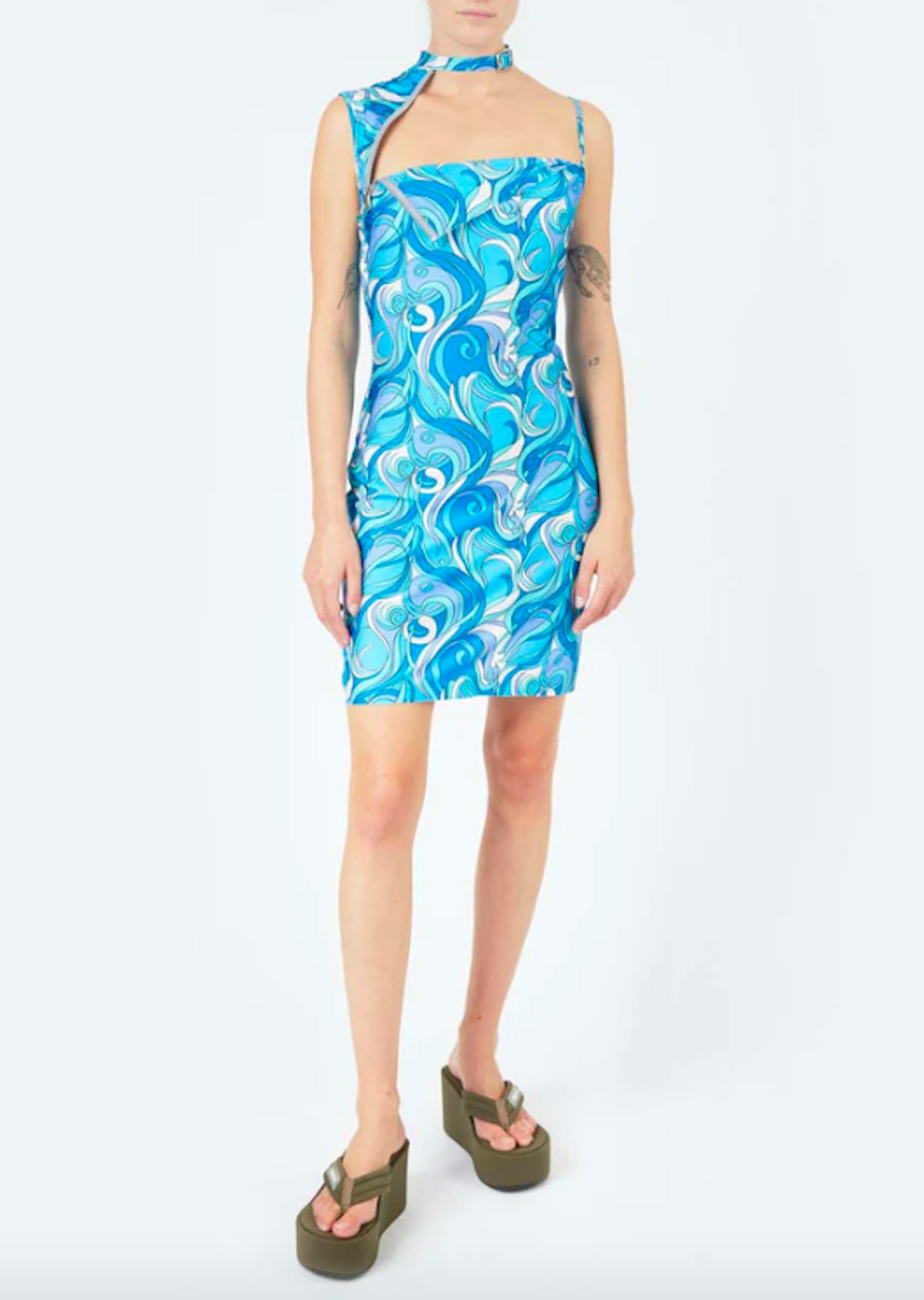 Asymmetric Neck Dress In Acid Blue