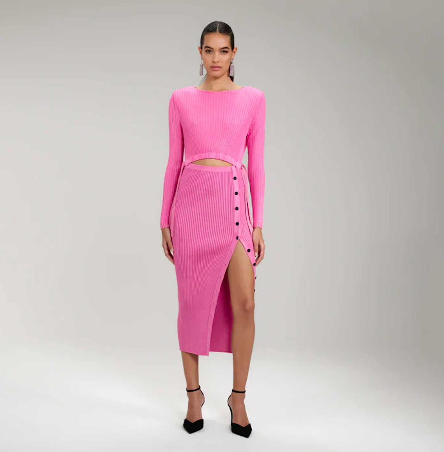 Pink Viscose Ribbed Knit Midi Dress