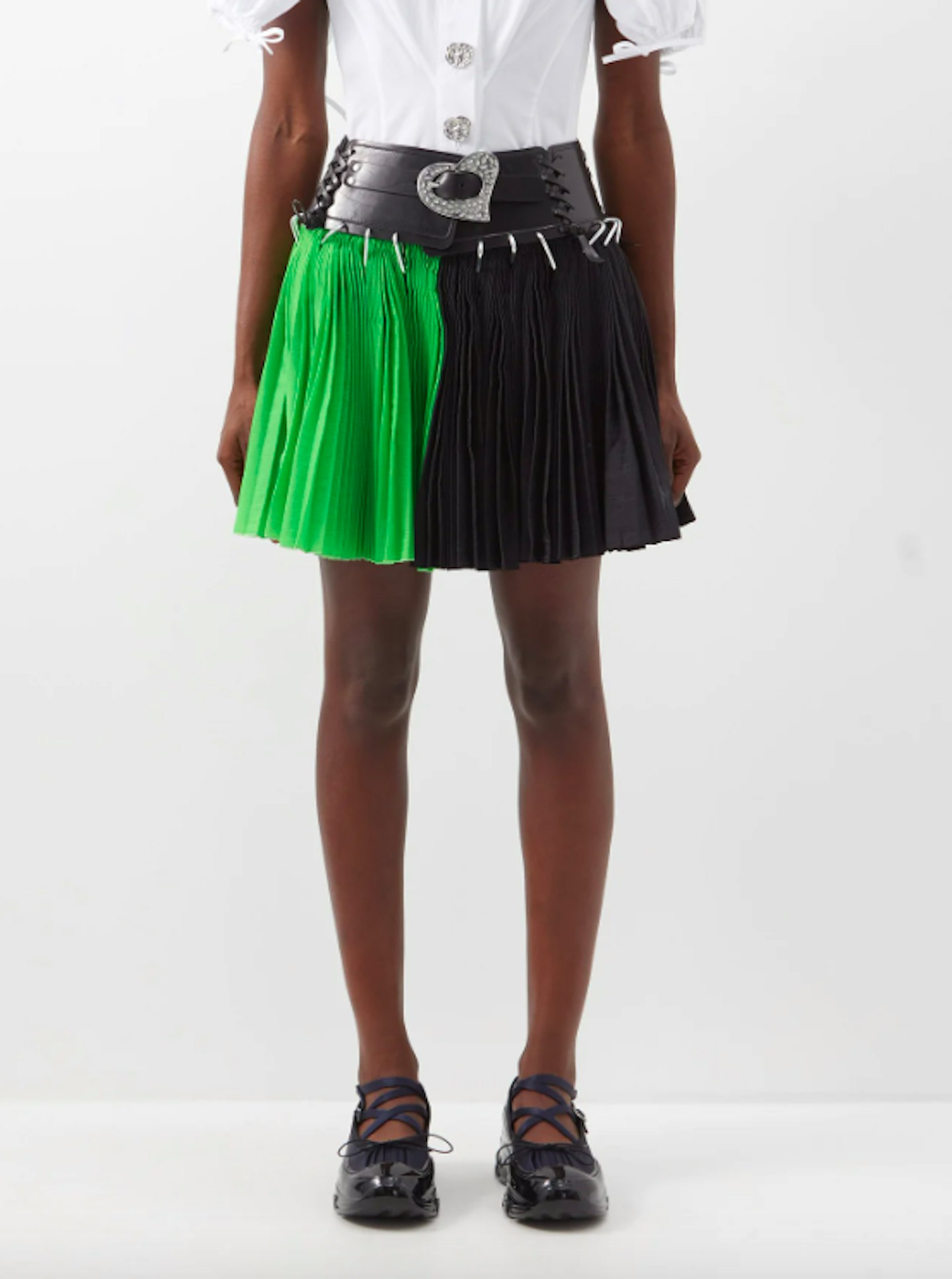 Leather-Belt Pleated Mini Skirt