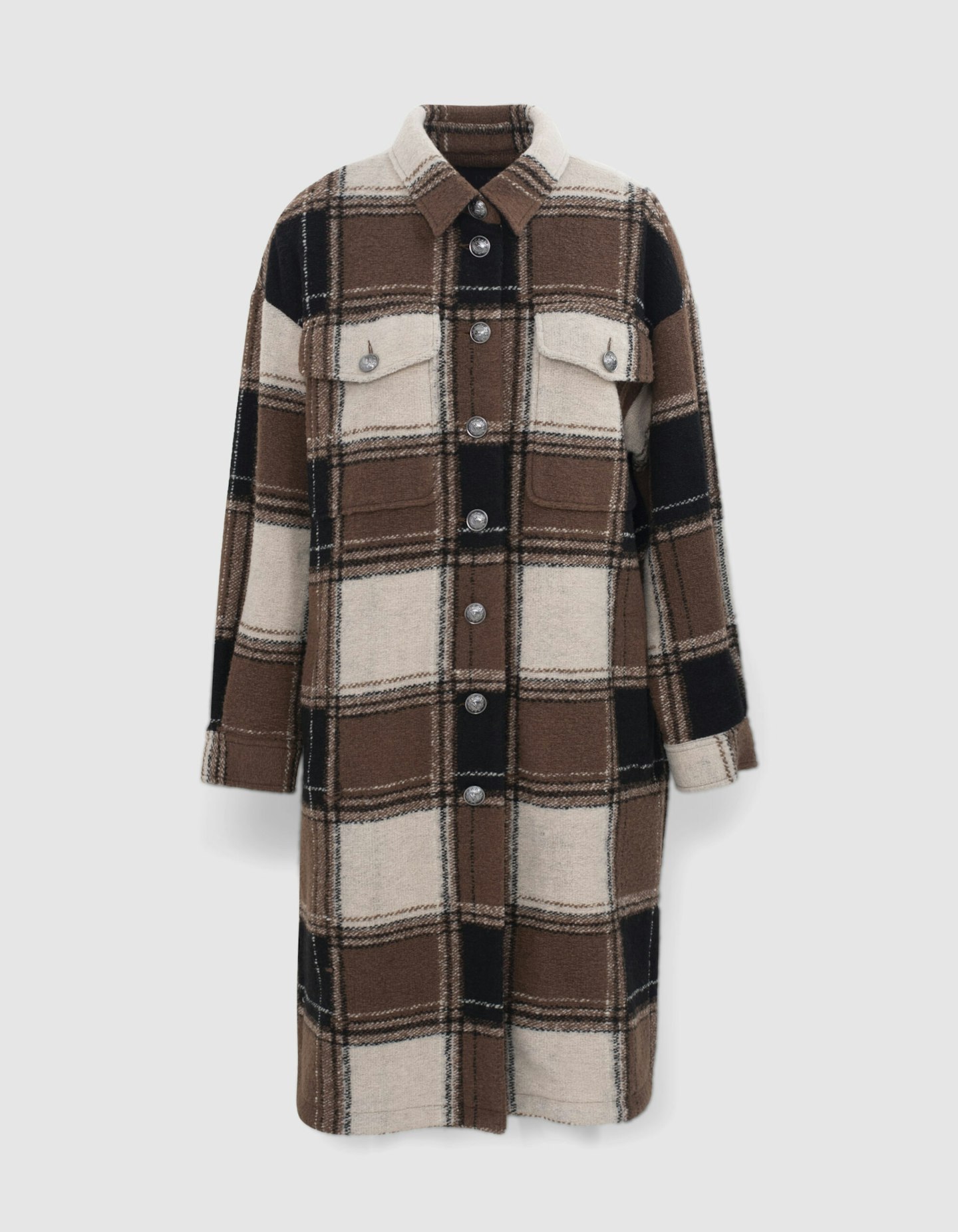 WOMEN’S BEIGE AND BLACK CHECK OVERSHIRT-STYLE LONG COAT