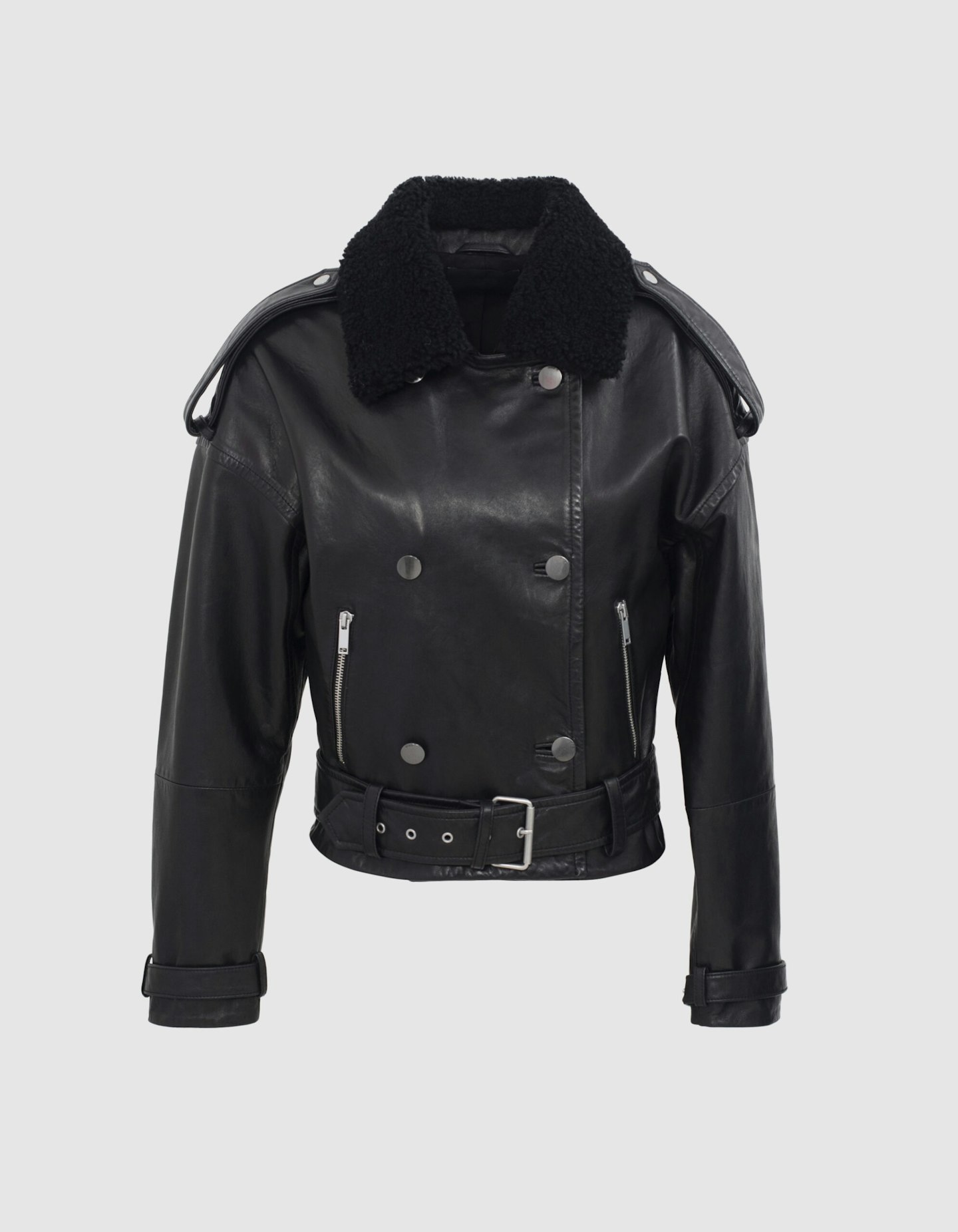 WOMEN’S BLACK LEATHER JACKET WITH FAUX SHEEPSKIN COLLAR