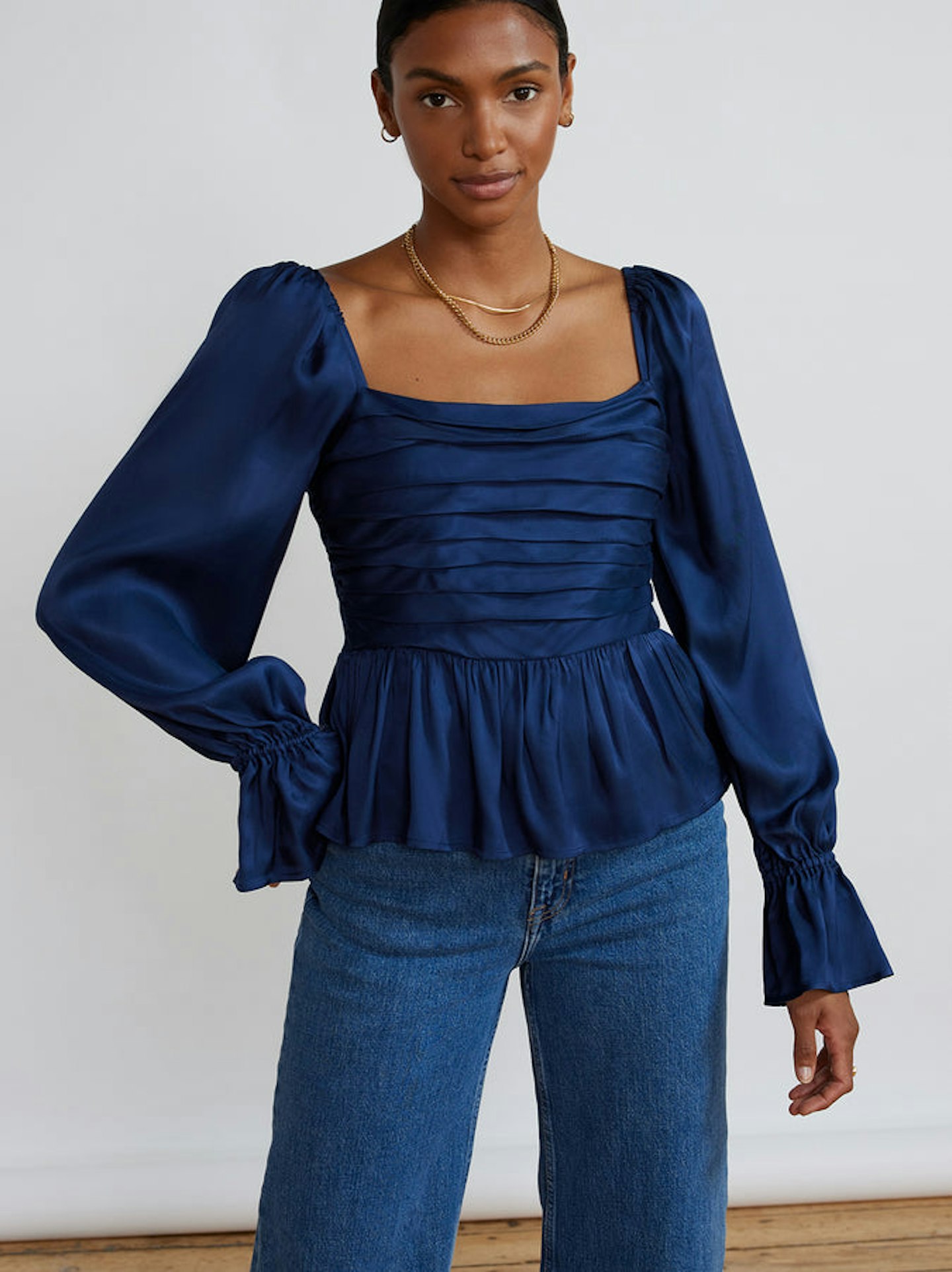 Kirti, Sonya Navy Pleated Satin Top