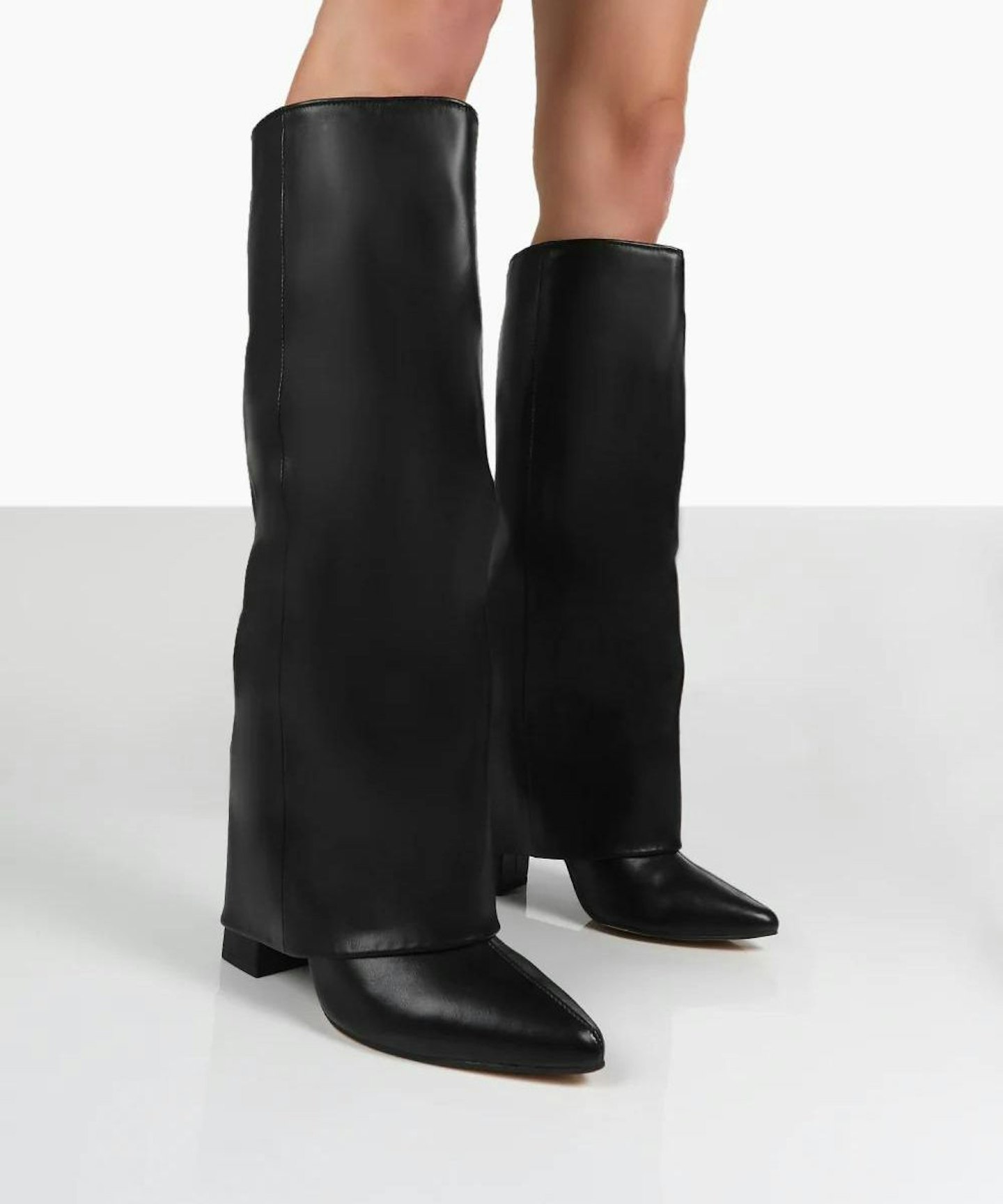 Public Desire, Zendaya Black Pointed Toe Knee High Block Boots