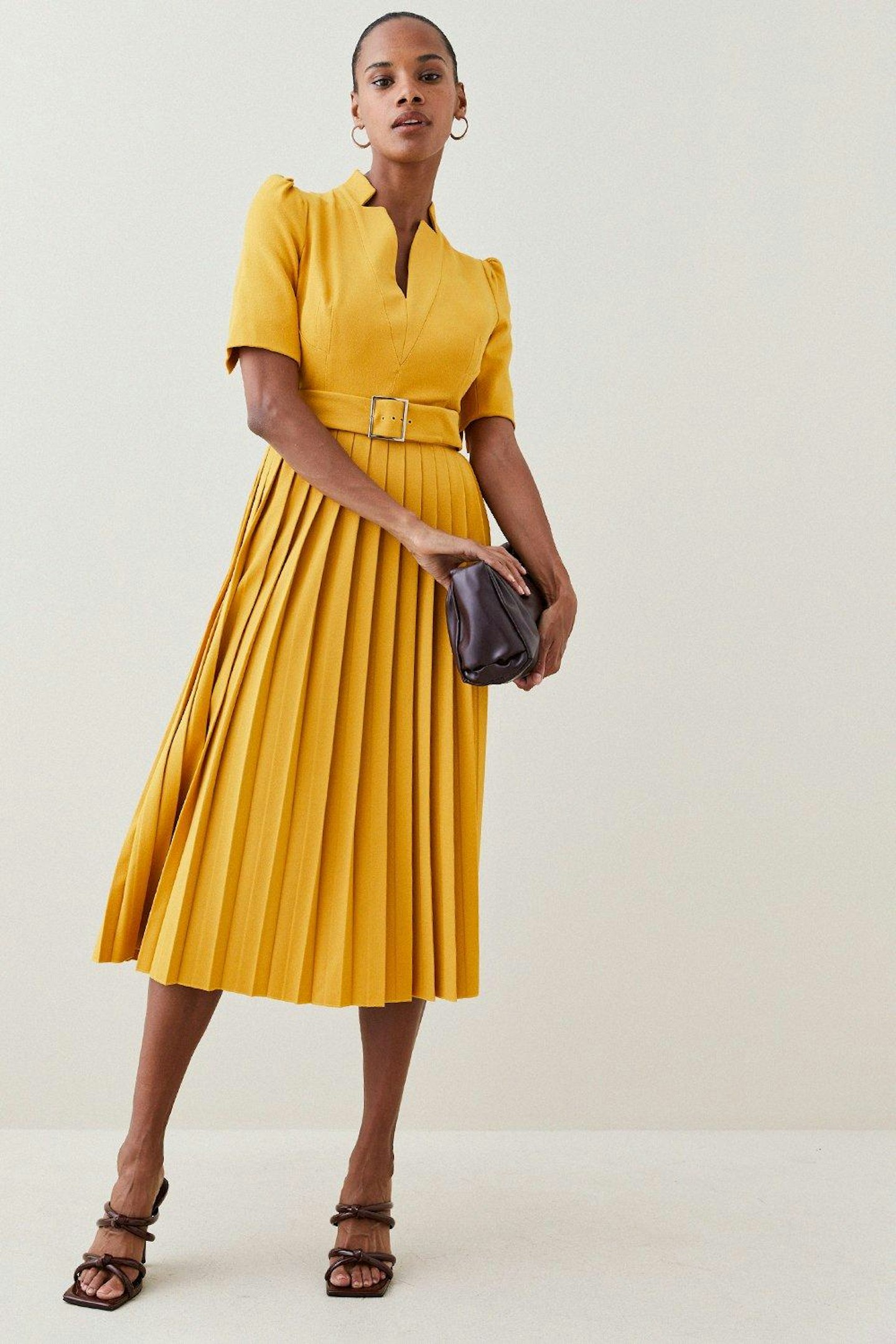 Structured Crepe Forever Pleat Belted Midi Dress