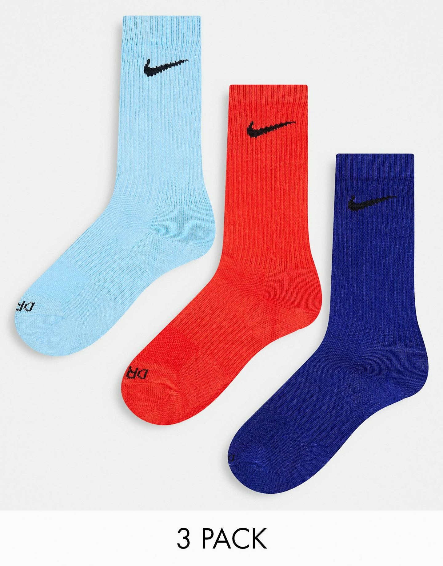 Nike Training unisex cush 3 pack socks in red, blue and navy