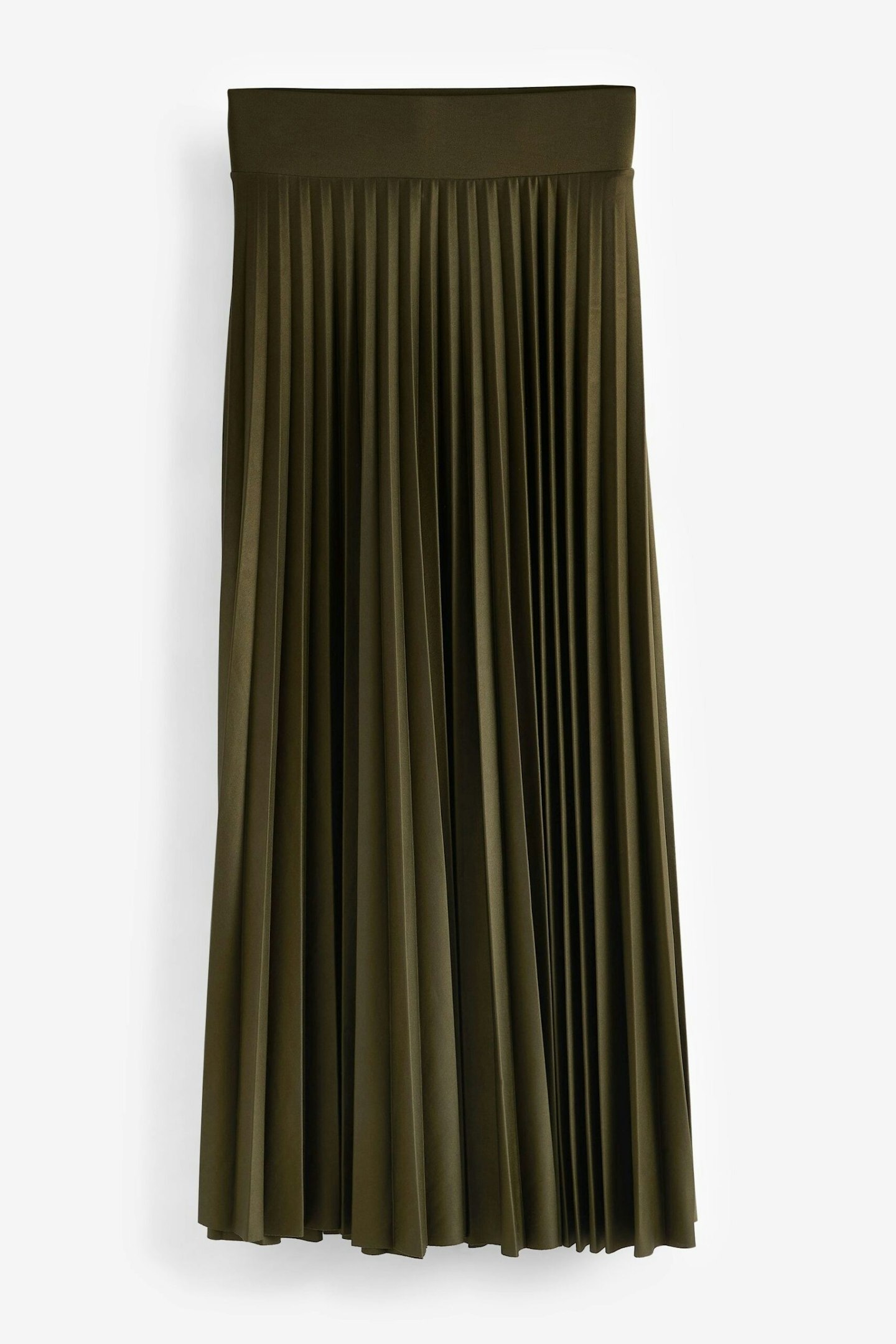 Khaki Green Satin Plissé Full Length Maxi Skirt