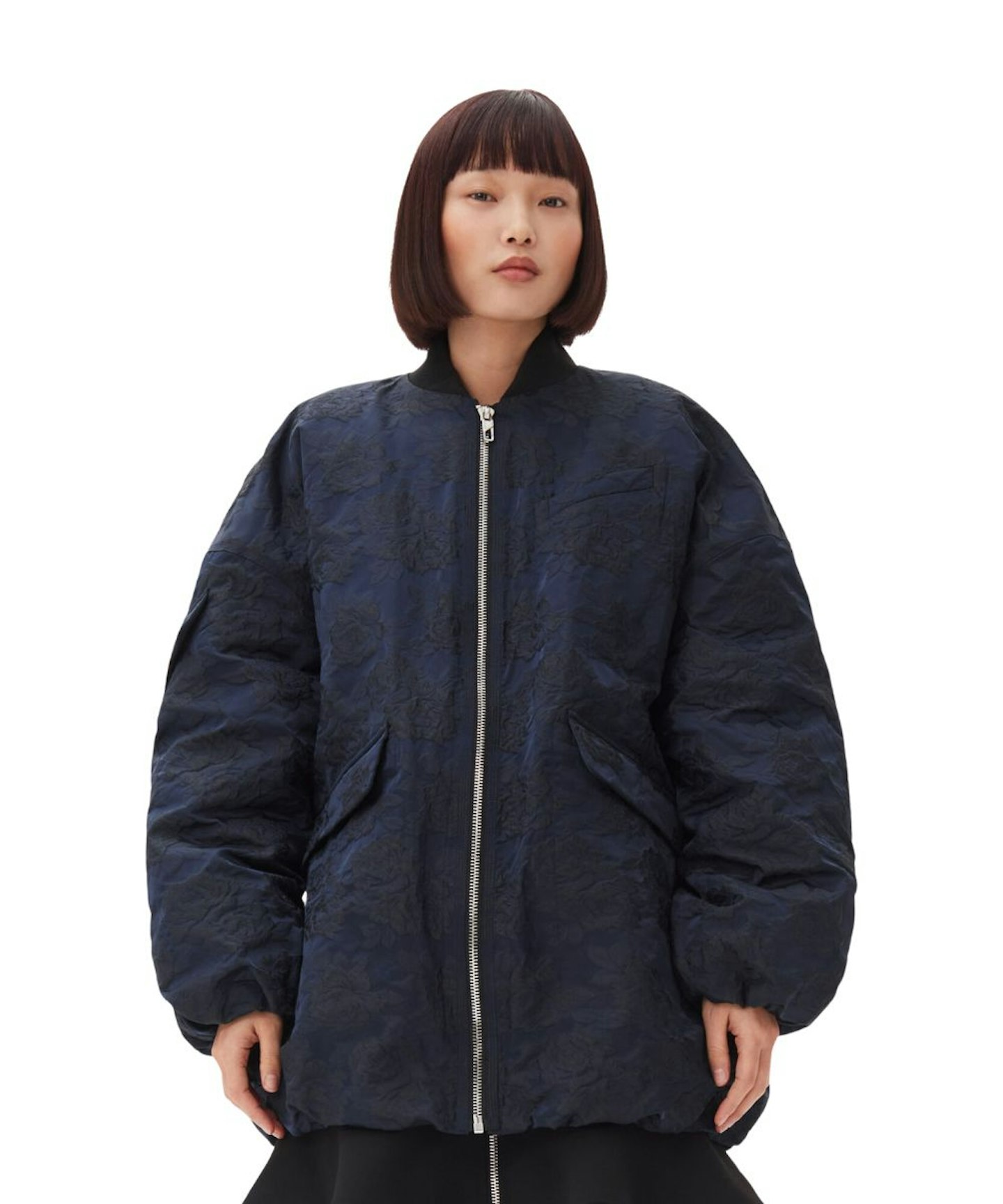 Ganni Navy Botanical Jacquard Bomber Jacket