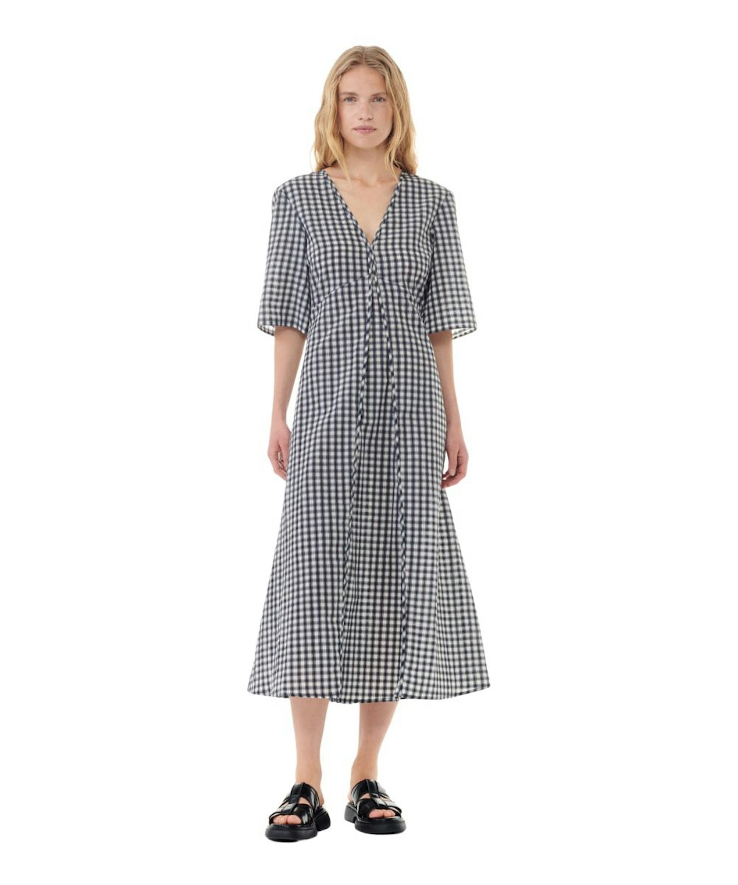 Ganni Egret Seersucker Check Dress