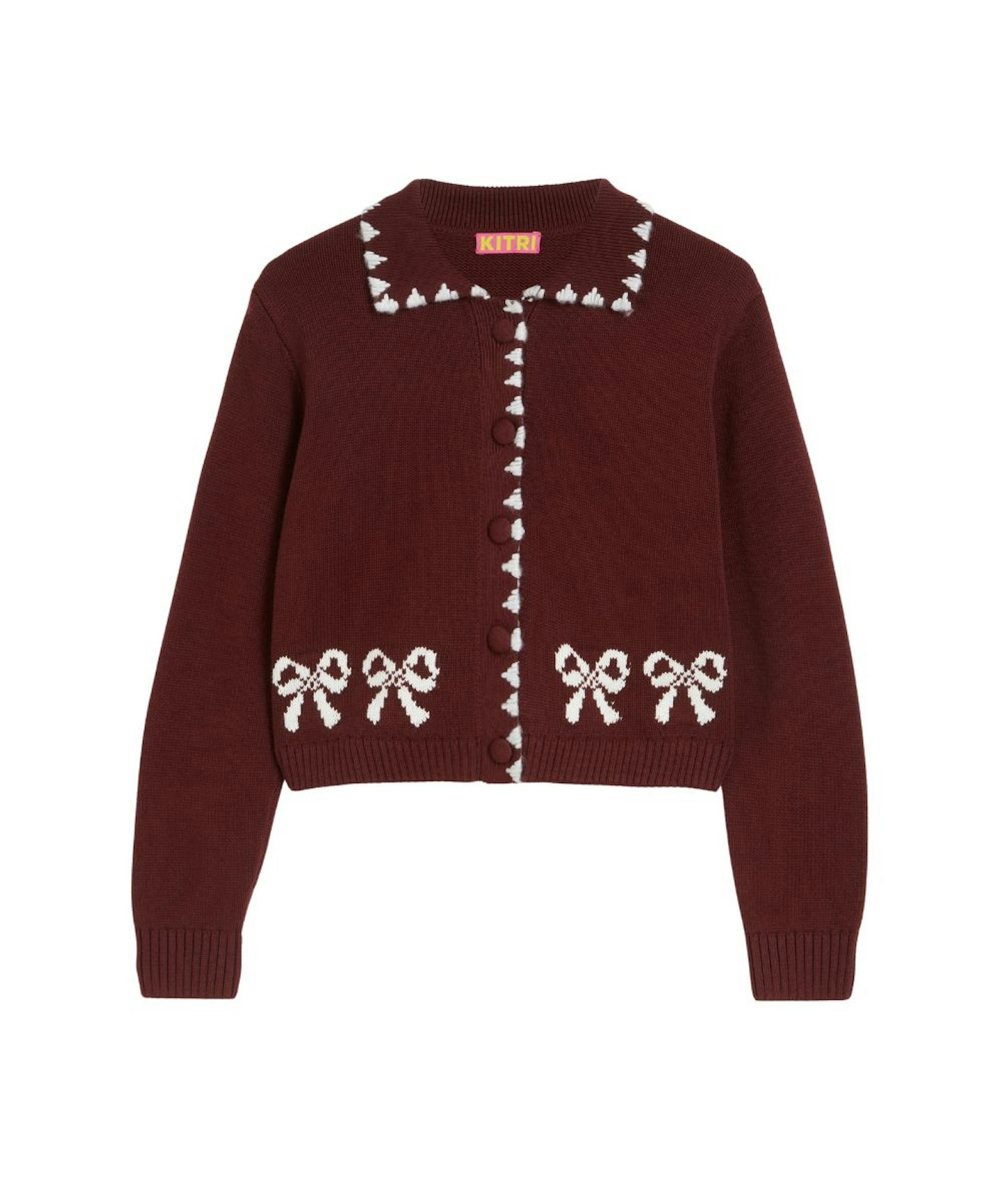 Kitri Polly Oxblood Bow Knit Cardigan