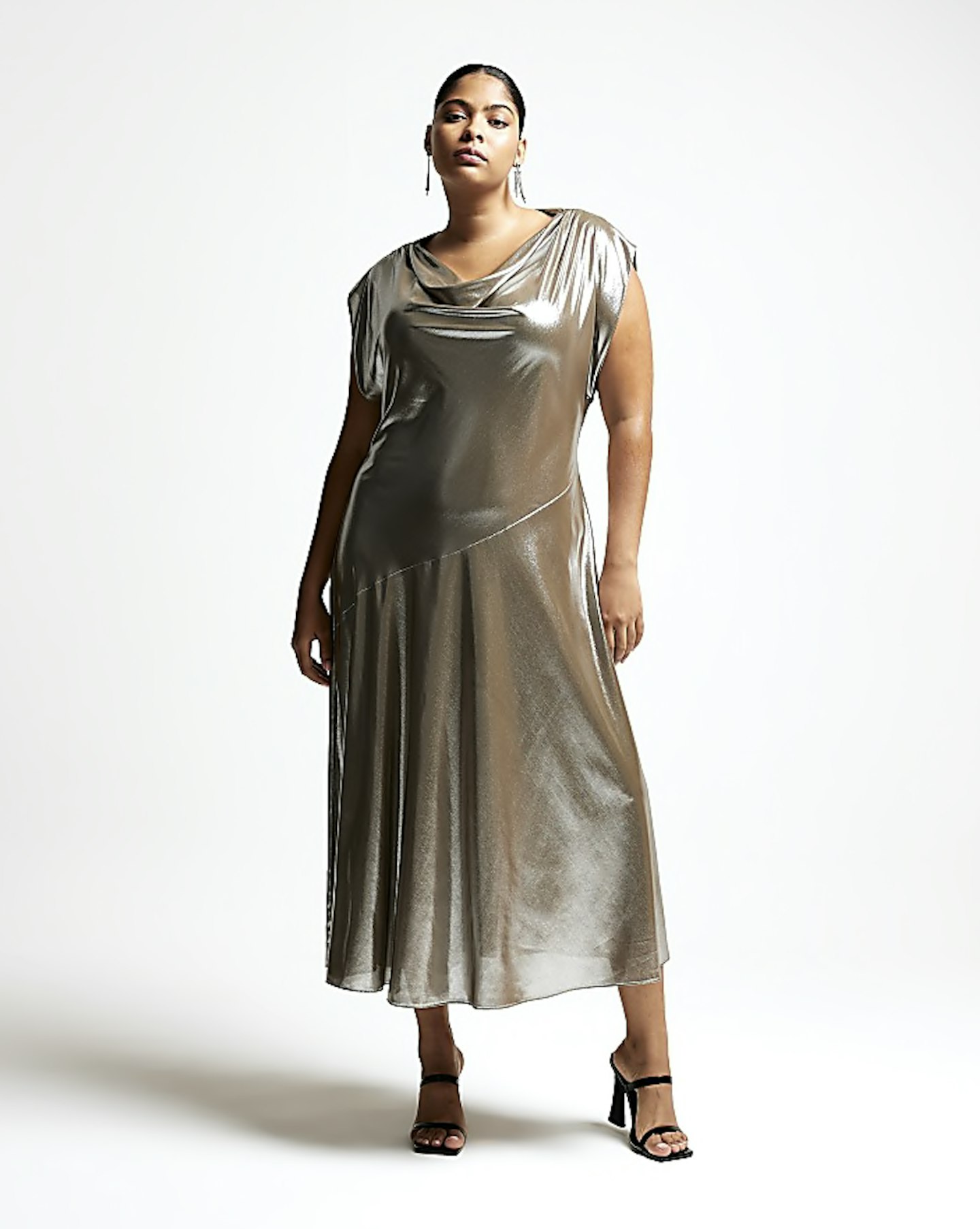 River Island Plus, RI Studio Silver Satin Slip Midi