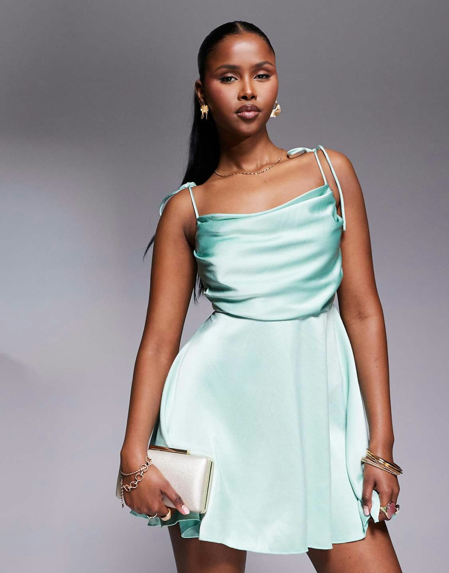 Rare London Satin Ruched Bust Tie Back Floaty Mini Dress