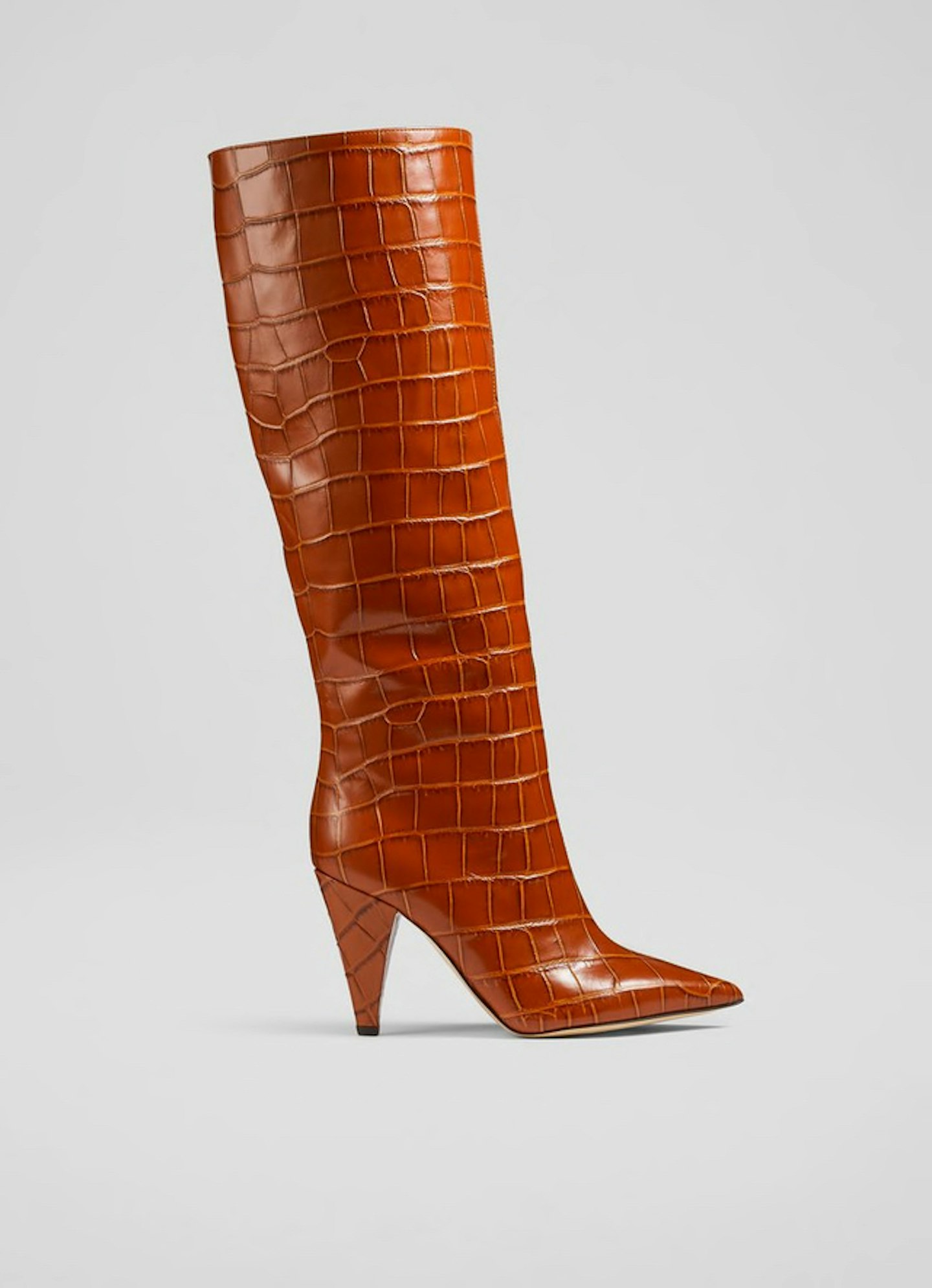LK Bennett, Allegra Ginger Croc-Effect Leather Cone Heel Knee High Boots, £249