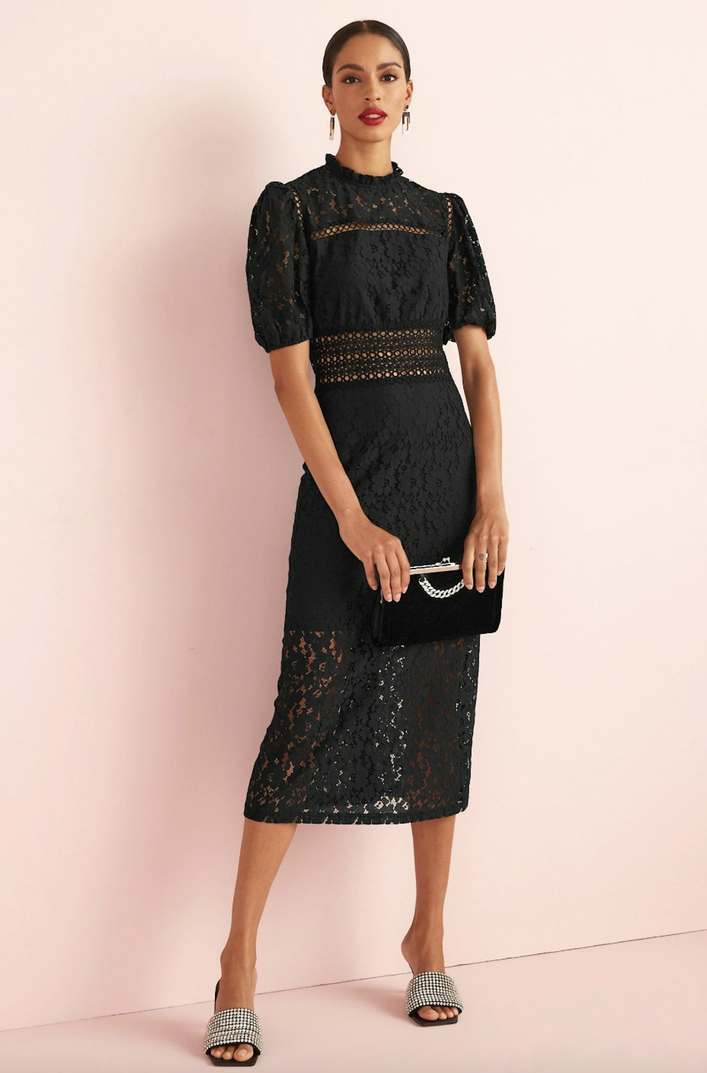 Black Lace Short Sleeve Midi Dress