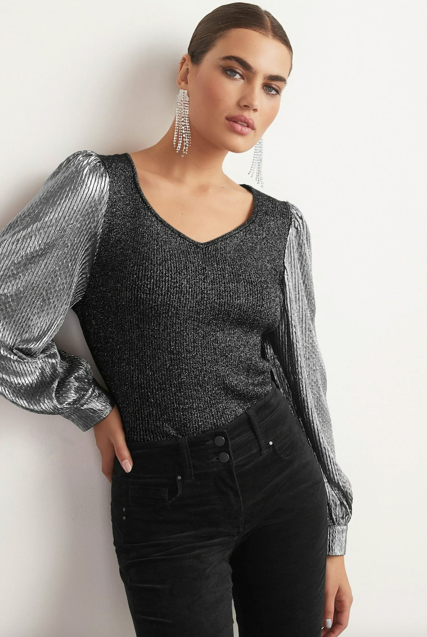 Black Metallic Sparkle Puff Sleeve V-Neck