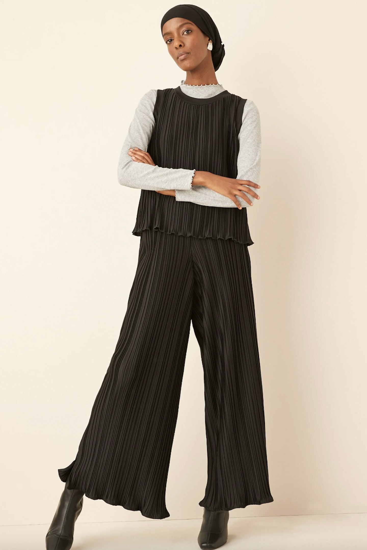 Black Plissé Wide Leg Trousers