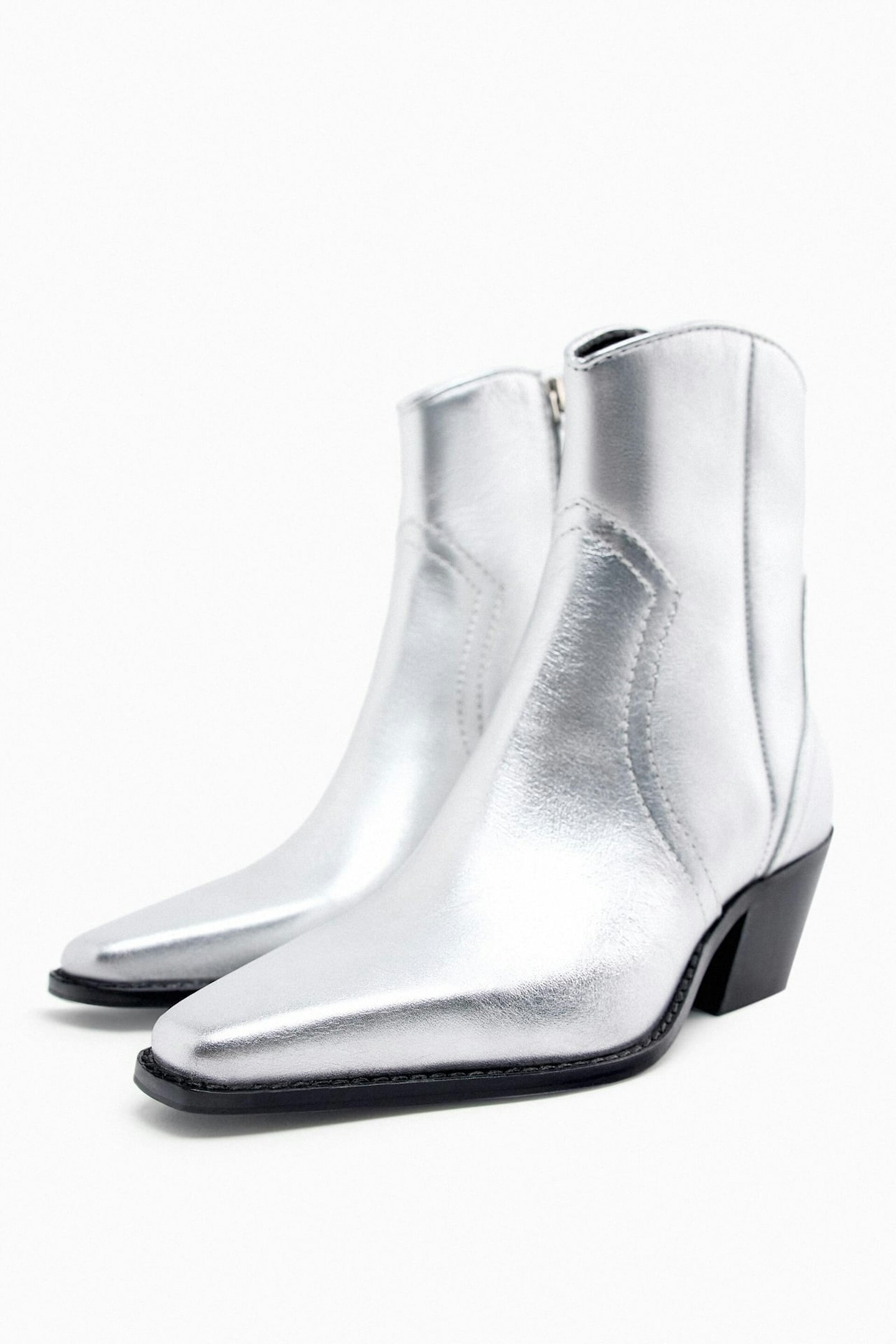 Zara, Metallic Leather Western Ankle Boots