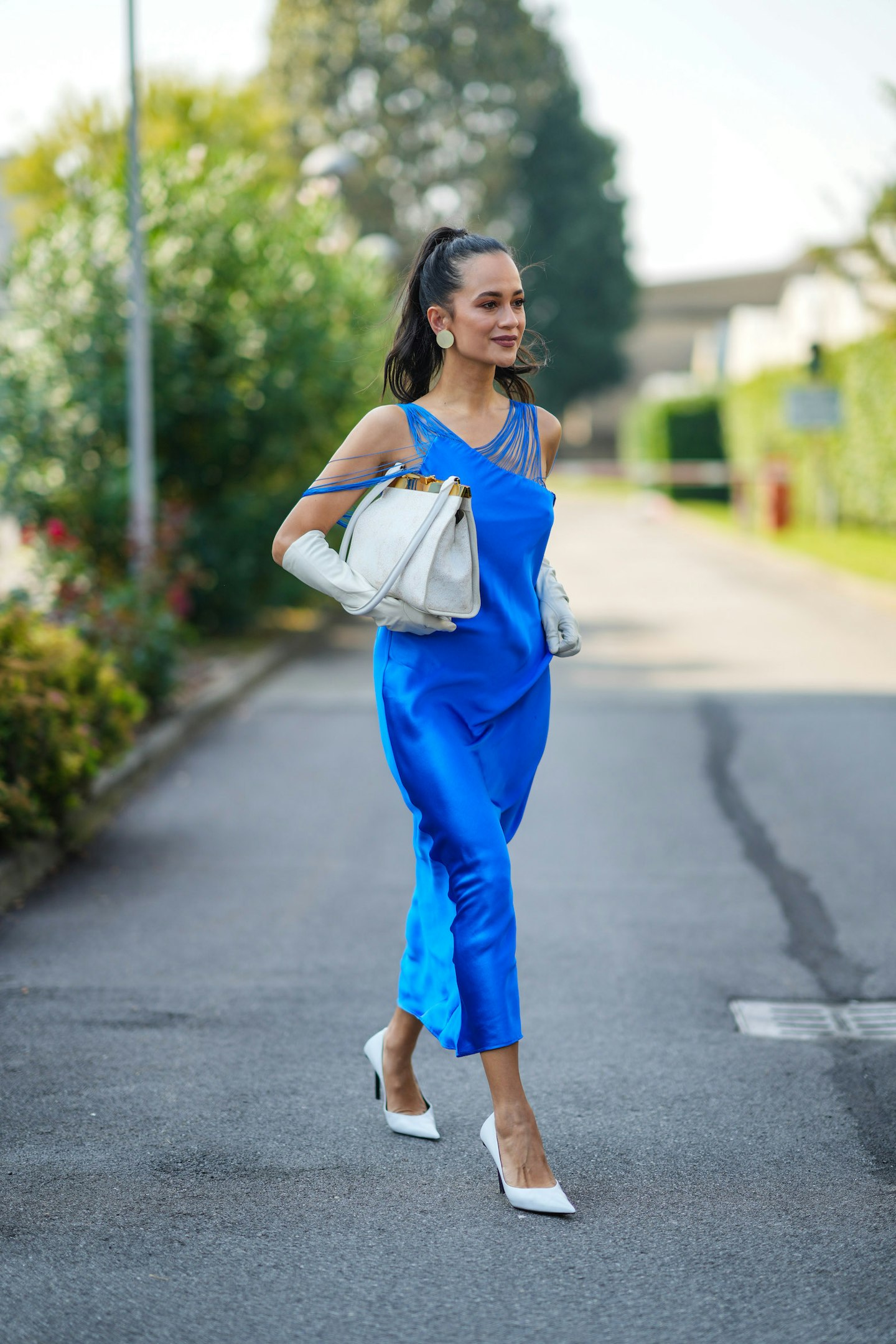 Street style wearing dress and matching accessories