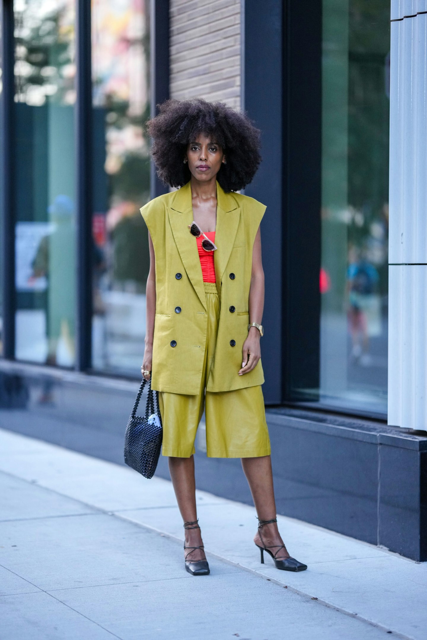 Street style wearing shorts suit
