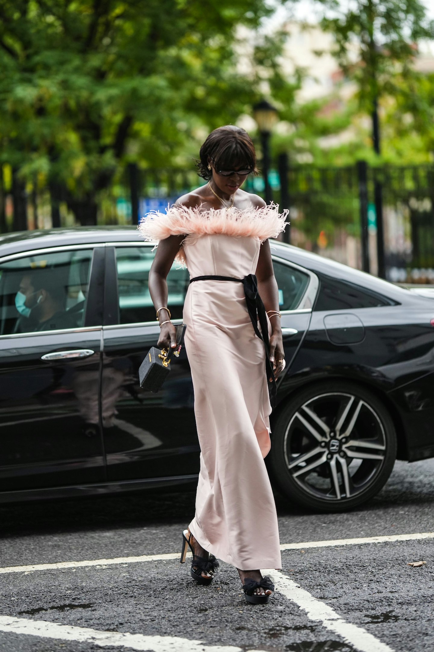 Street style wearing belted dress