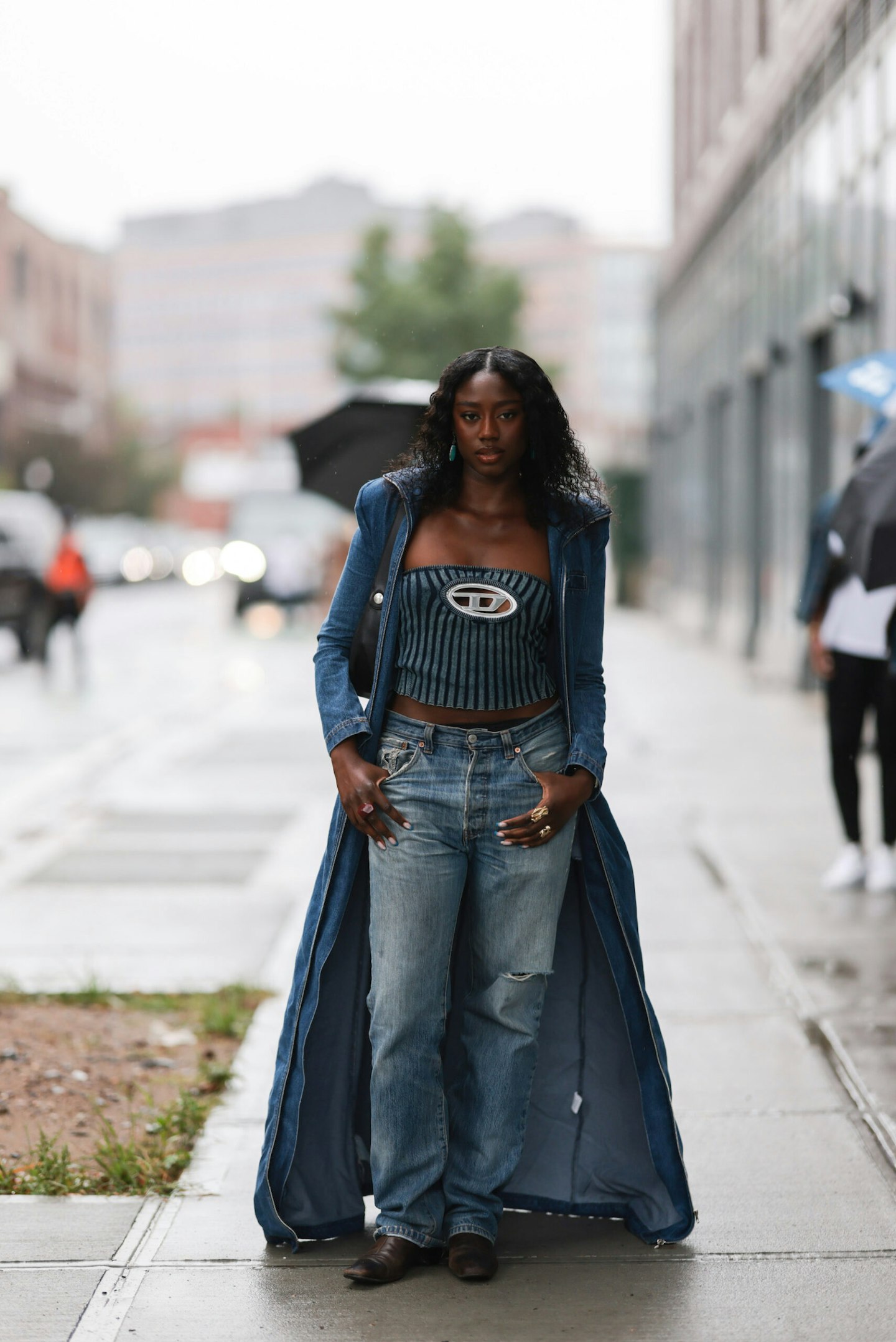 Street style wearing triple denim