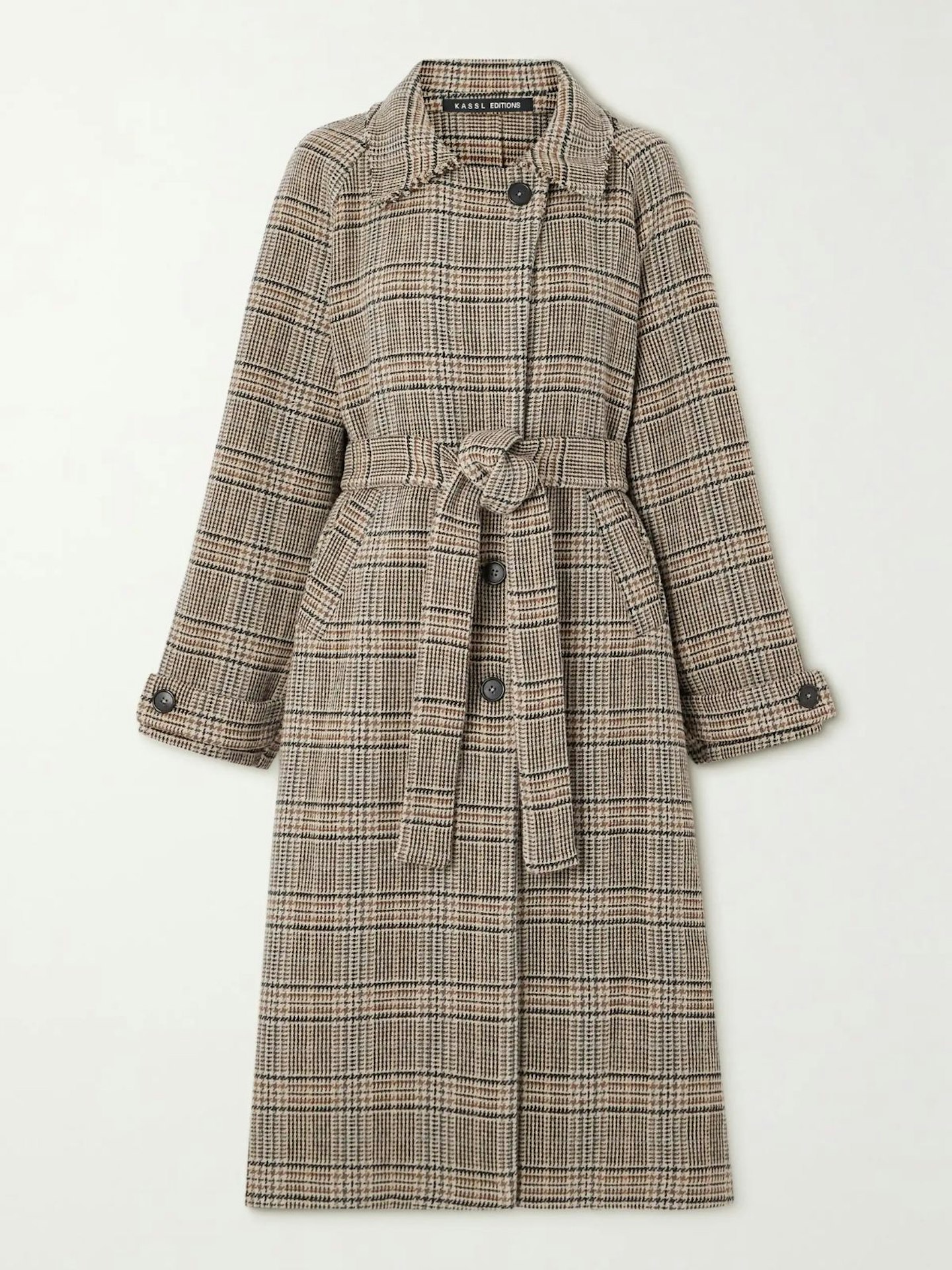 Kassl Editions, Distressed Belted Checked Wool-Blend Coat