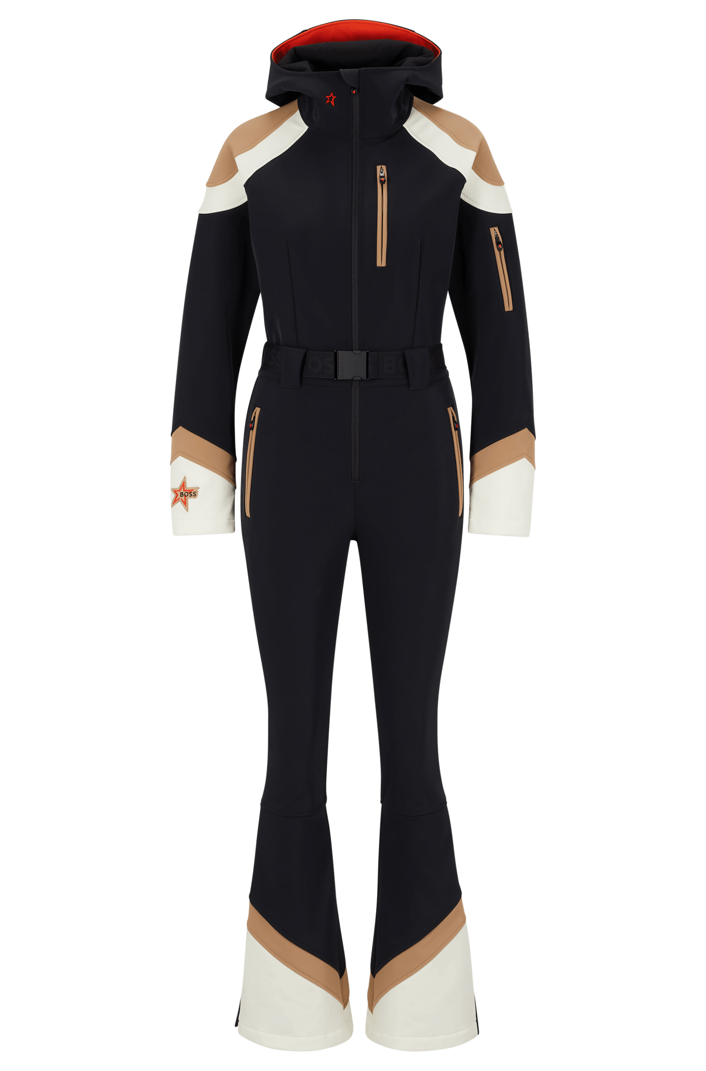 Black Hooded Boot-Cut Ski Suit With Branding 