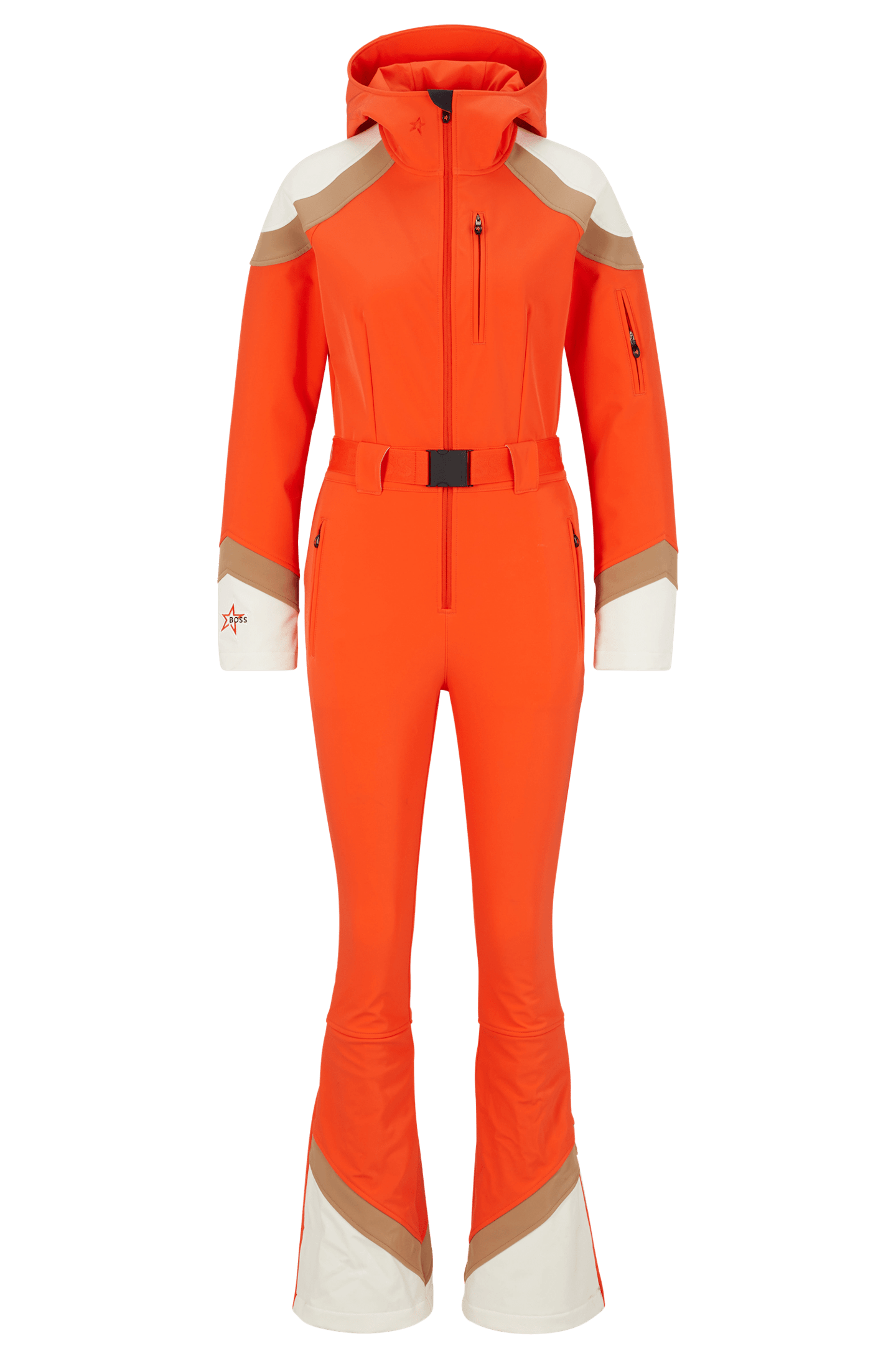Orange Hooded Boot-Cut Ski Suit With Branding