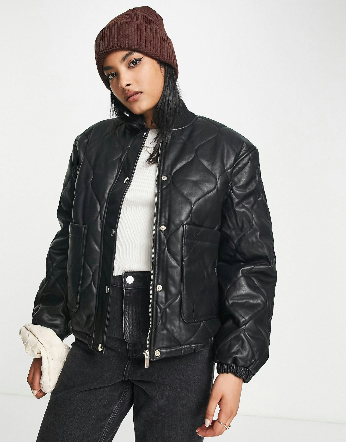 River Island, Faux Leather Quilted Padded Jacket