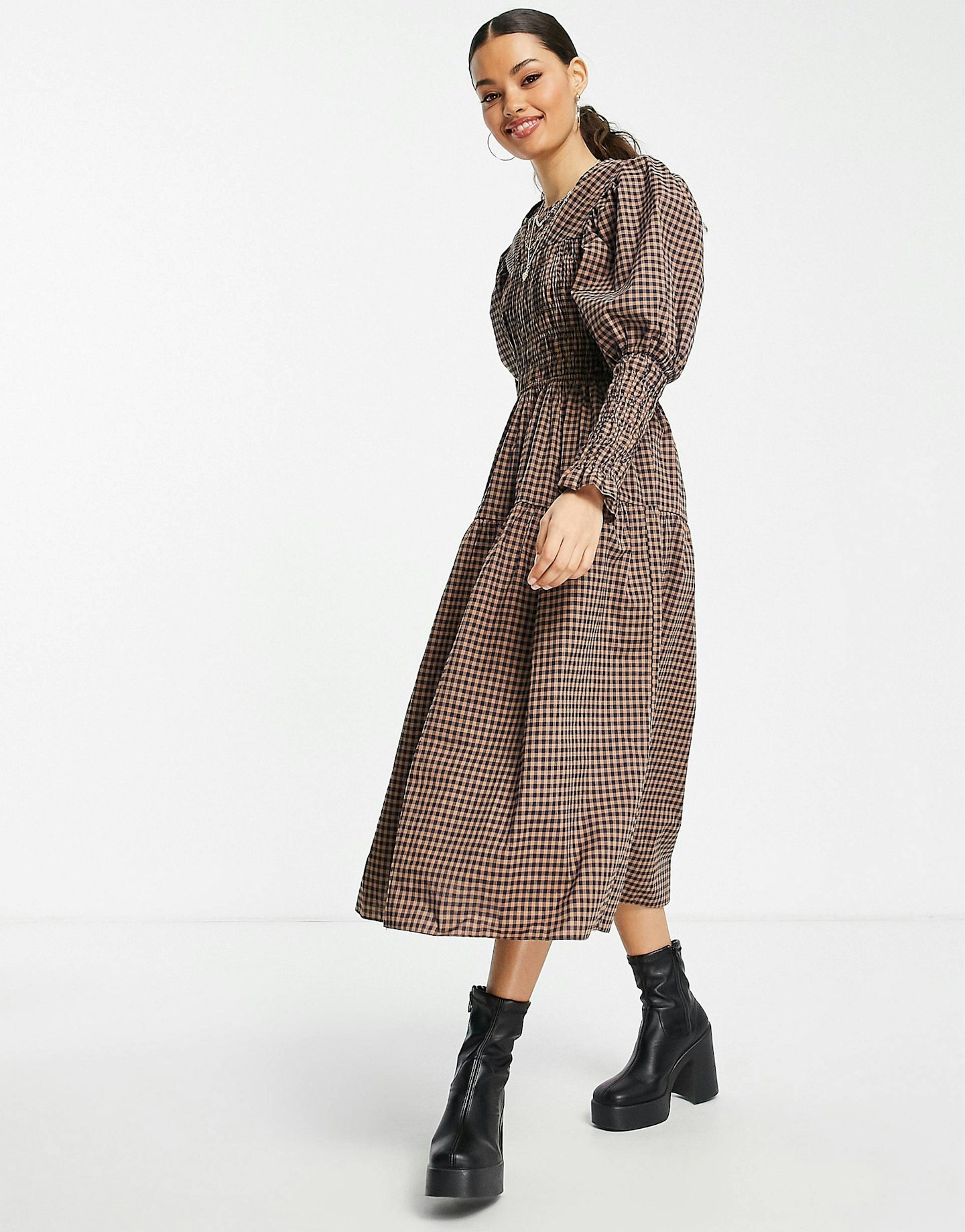 Topshop Petite, Mini Check Midi Smock Dress In Brown